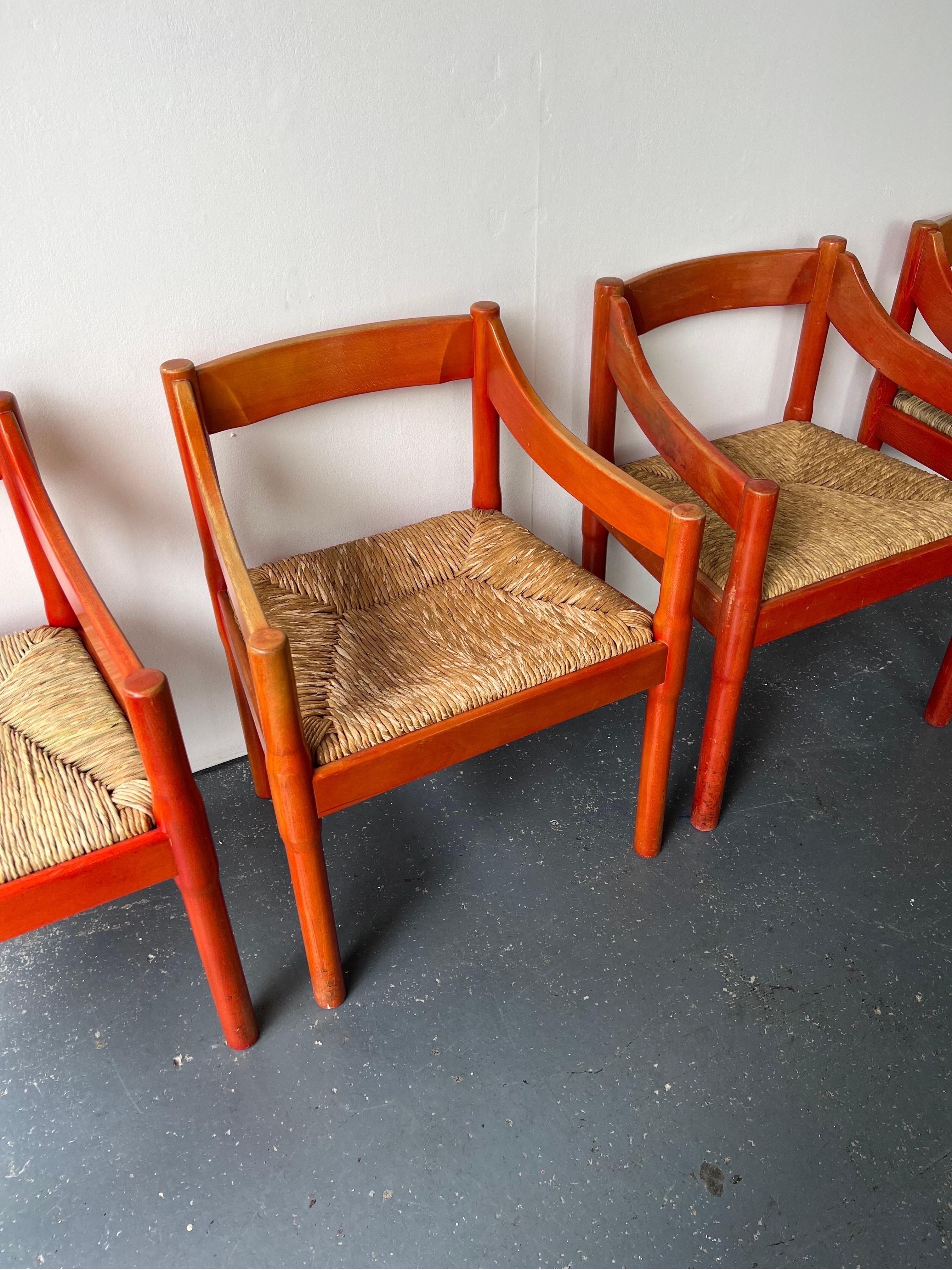 Mid-Century Modern Set of x2 Original Red Stained Carimate Carver Chairs by Vico Magistretti 