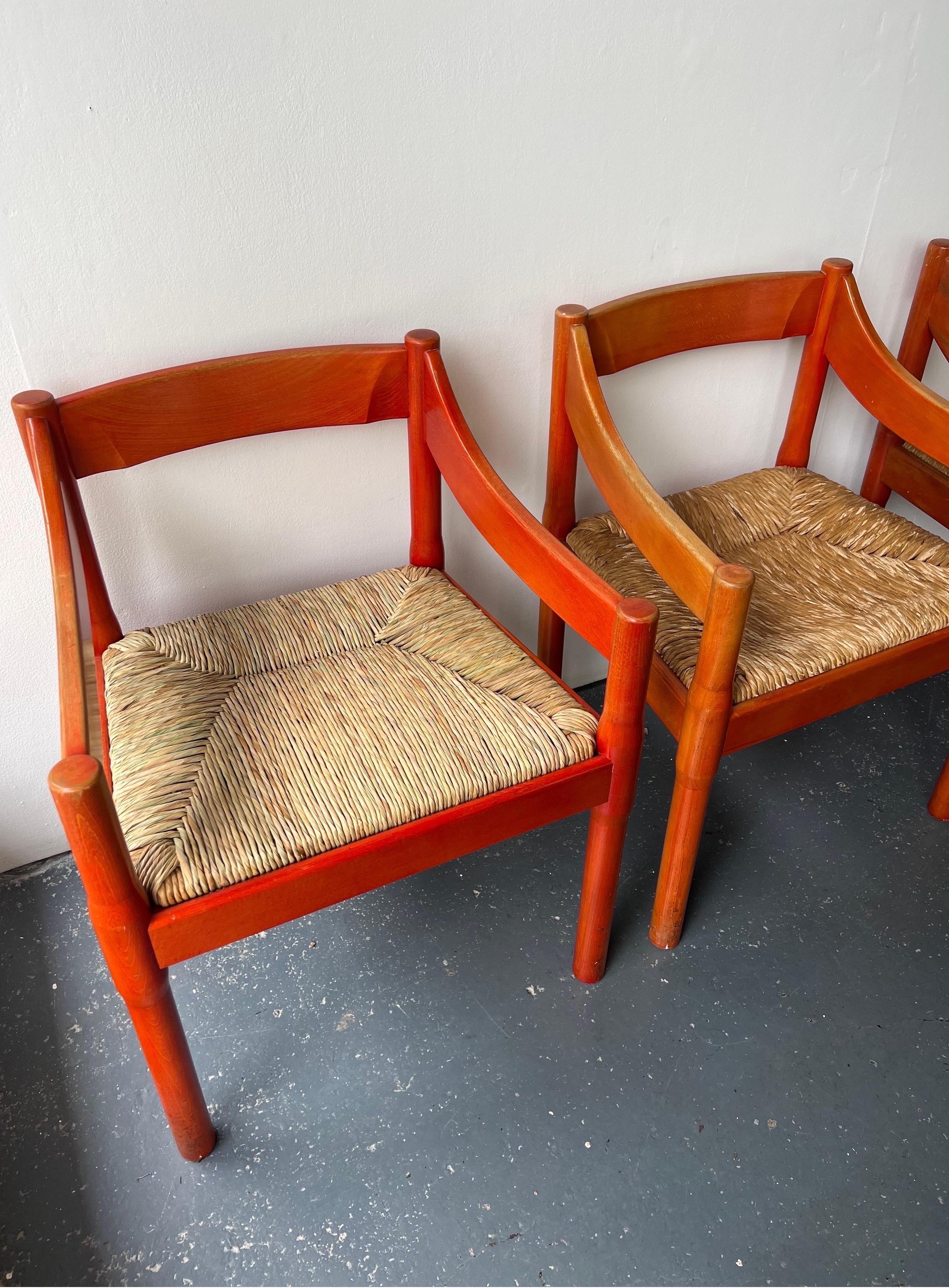 Italian Set of x2 Original Red Stained Carimate Carver Chairs by Vico Magistretti 