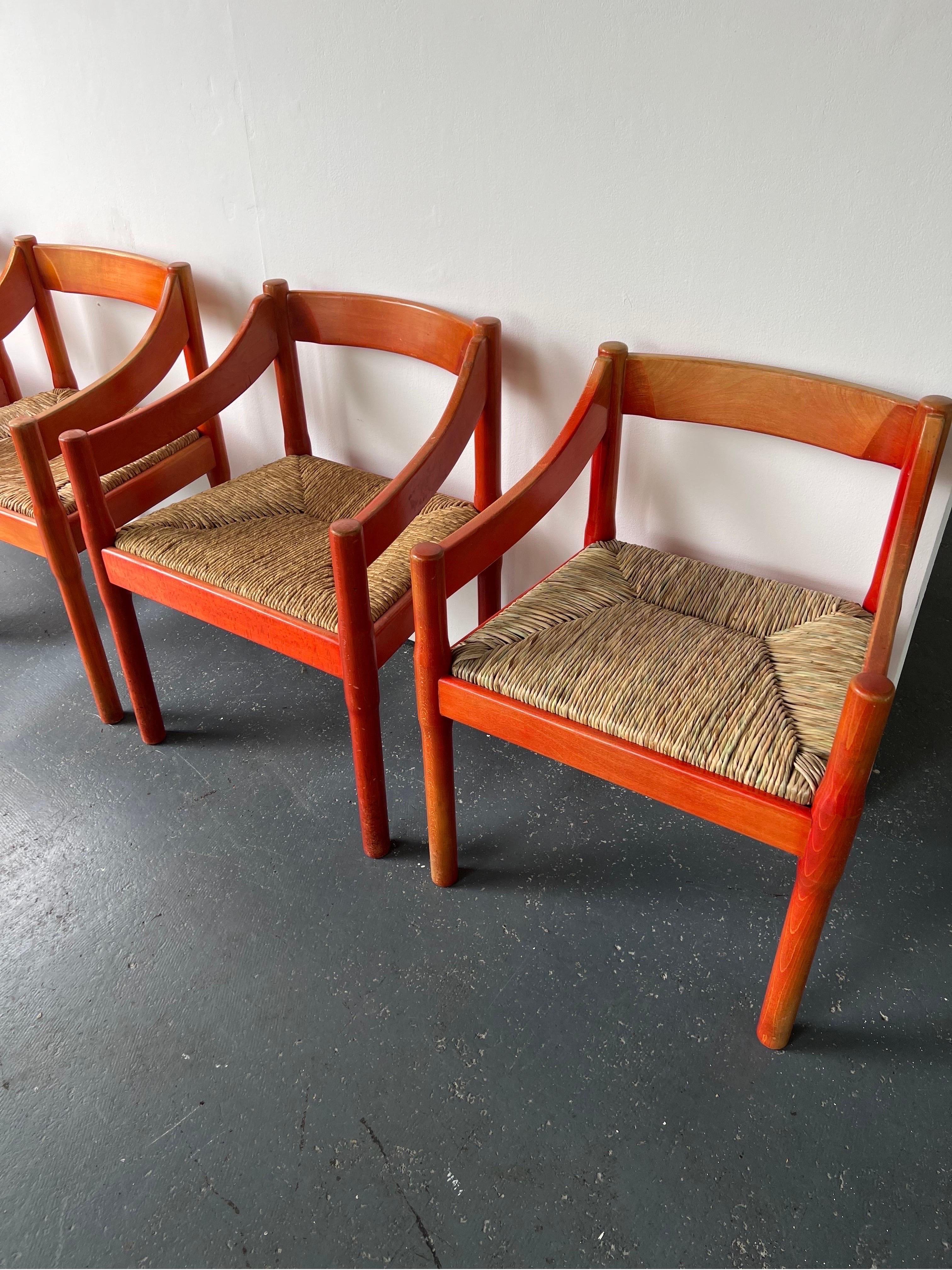 Set of x2 Original Red Stained Carimate Carver Chairs by Vico Magistretti  In Good Condition In London, GB