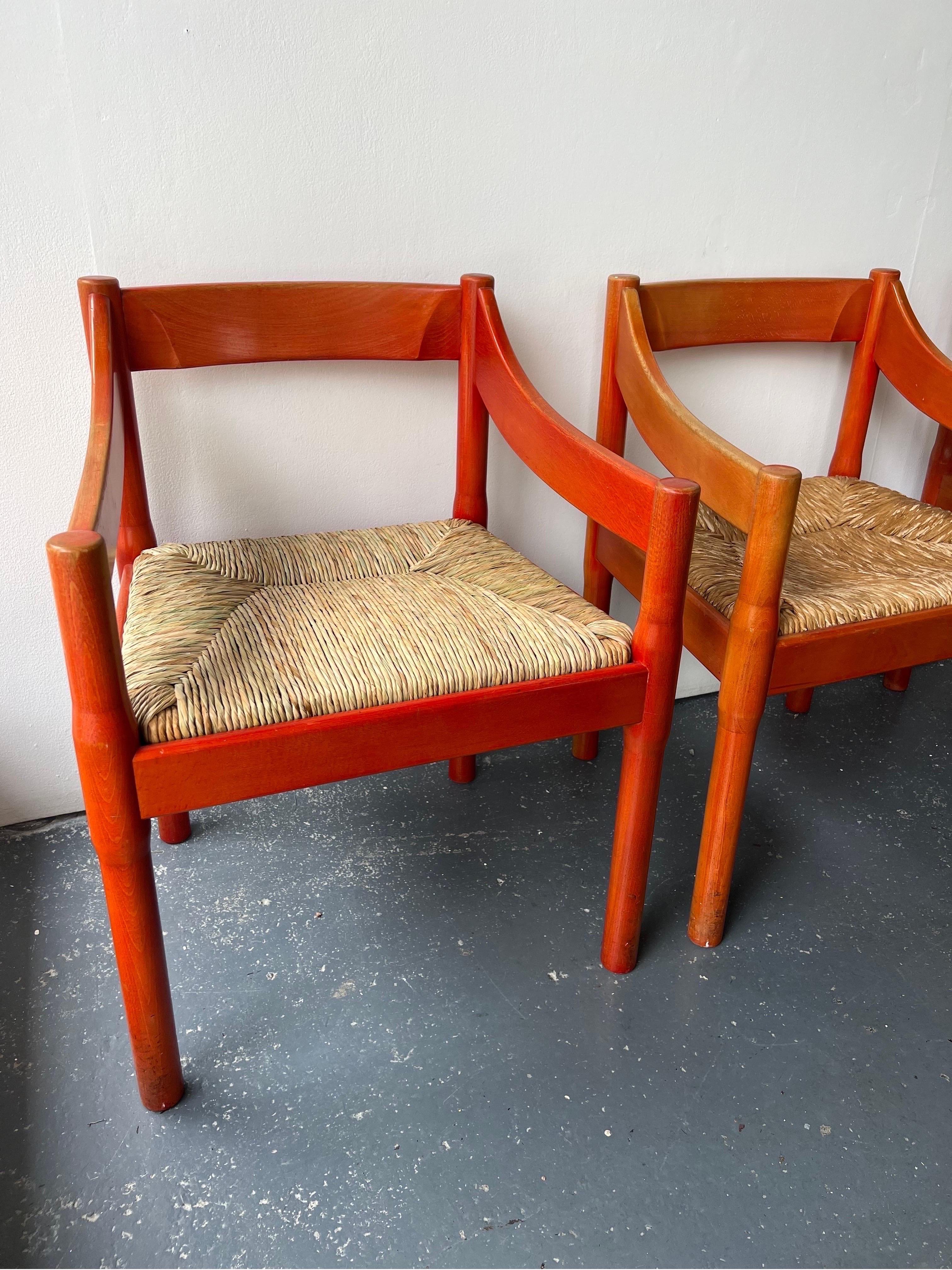 Mid-20th Century Set of x2 Original Red Stained Carimate Carver Chairs by Vico Magistretti 