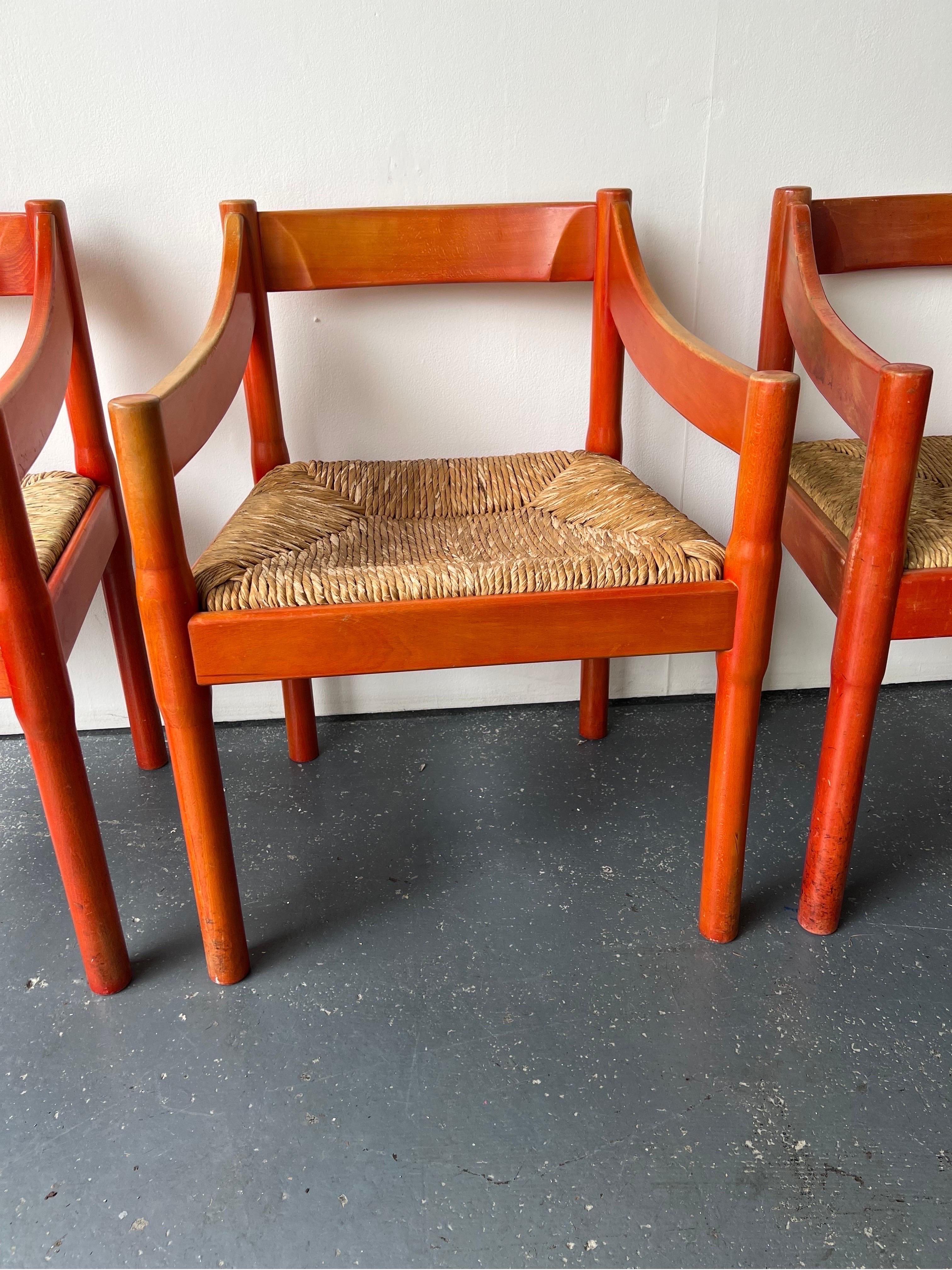 Beech Set of x2 Original Red Stained Carimate Carver Chairs by Vico Magistretti 