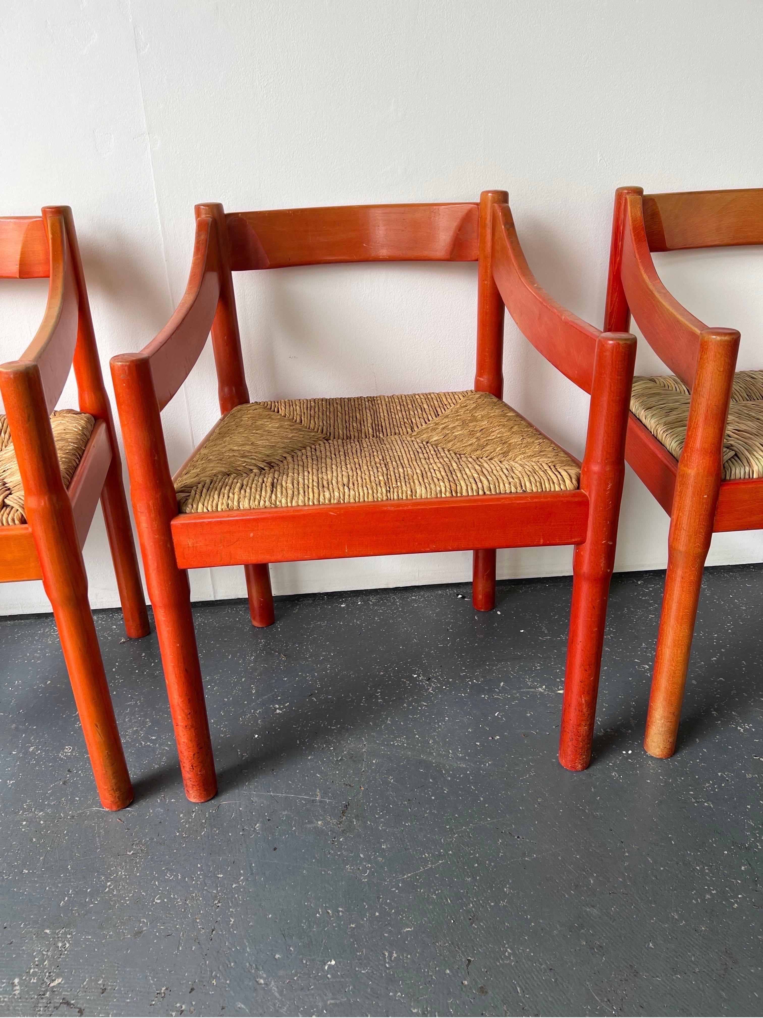 Set of x2 Original Red Stained Carimate Carver Chairs by Vico Magistretti  1
