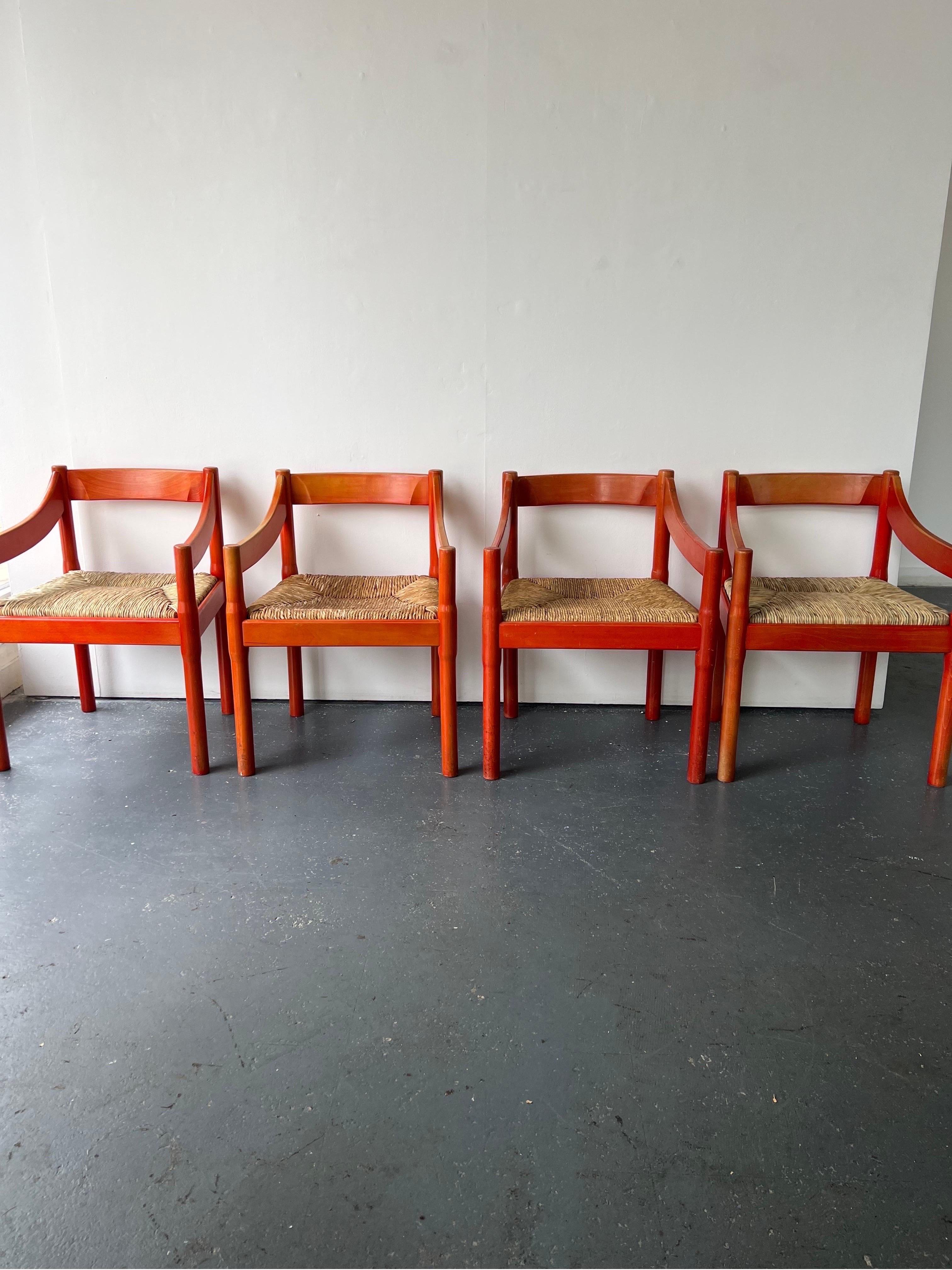 Set of x2 Original Red Stained Carimate Carver Chairs by Vico Magistretti  2