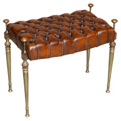 Original Regency Brass Framed Chesterfield Bench Piano Stool New Brown Leather