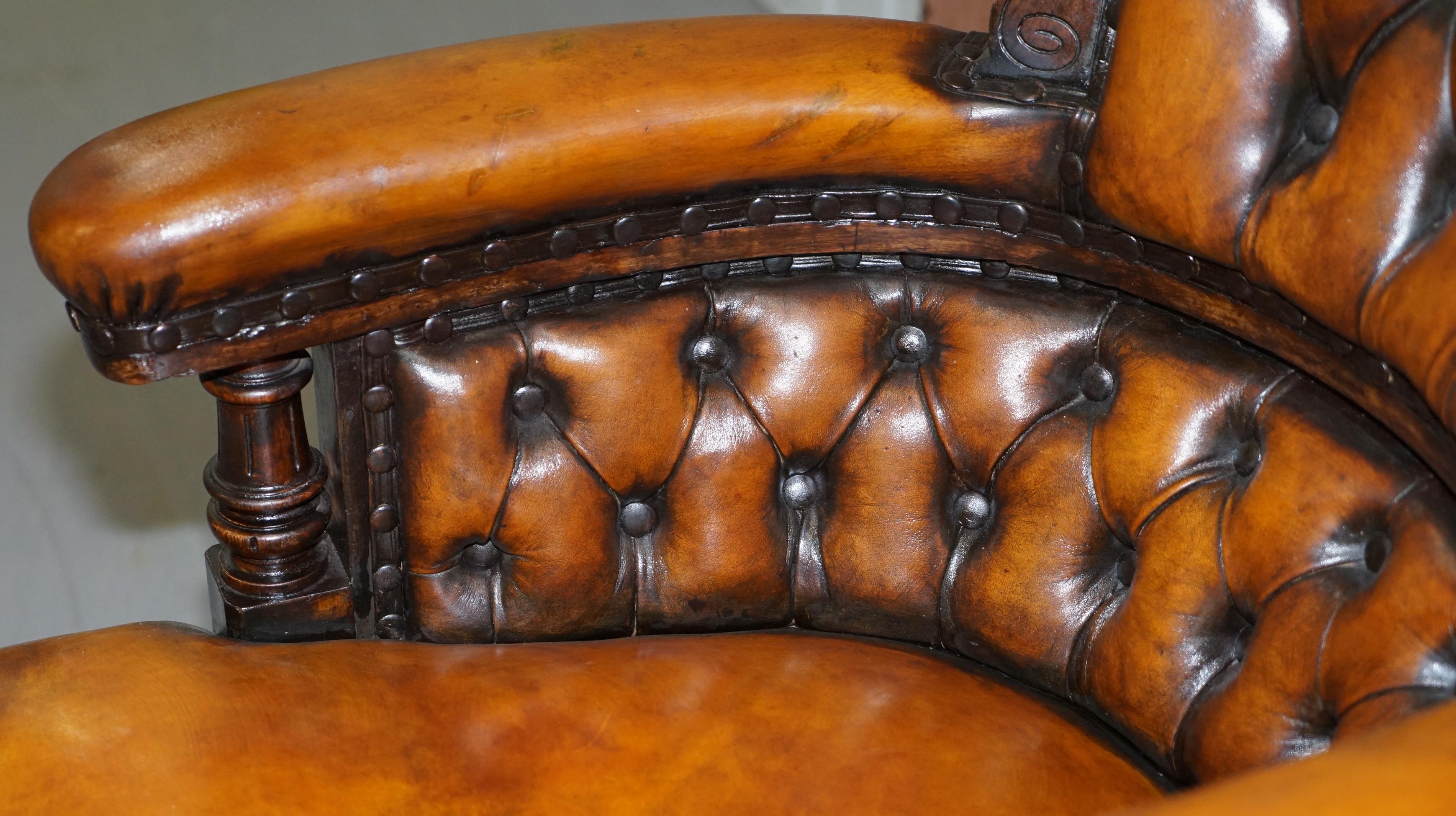 Original Regency Chesterfield Mahogany Hand Carved Brown Leather Office Chair 5