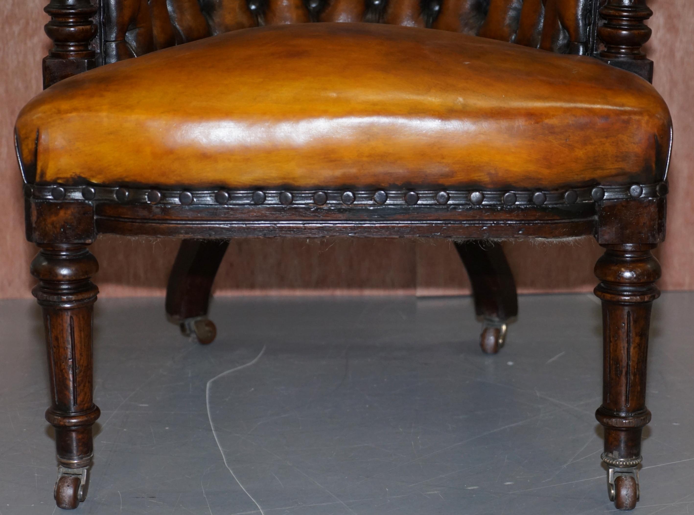 Original Regency Chesterfield Mahogany Hand Carved Brown Leather Office Chair 7