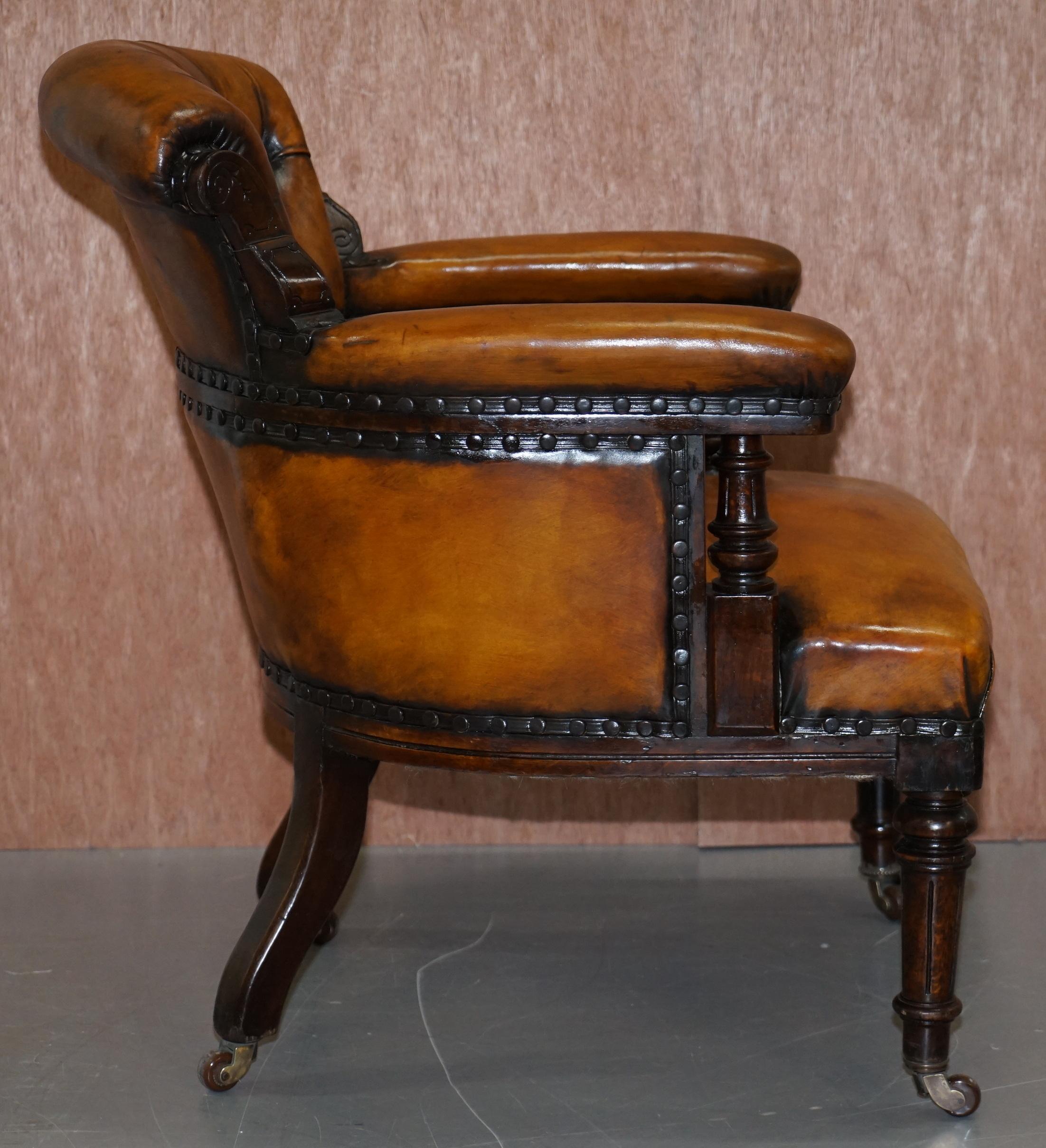 Original Regency Chesterfield Mahogany Hand Carved Brown Leather Office Chair 9