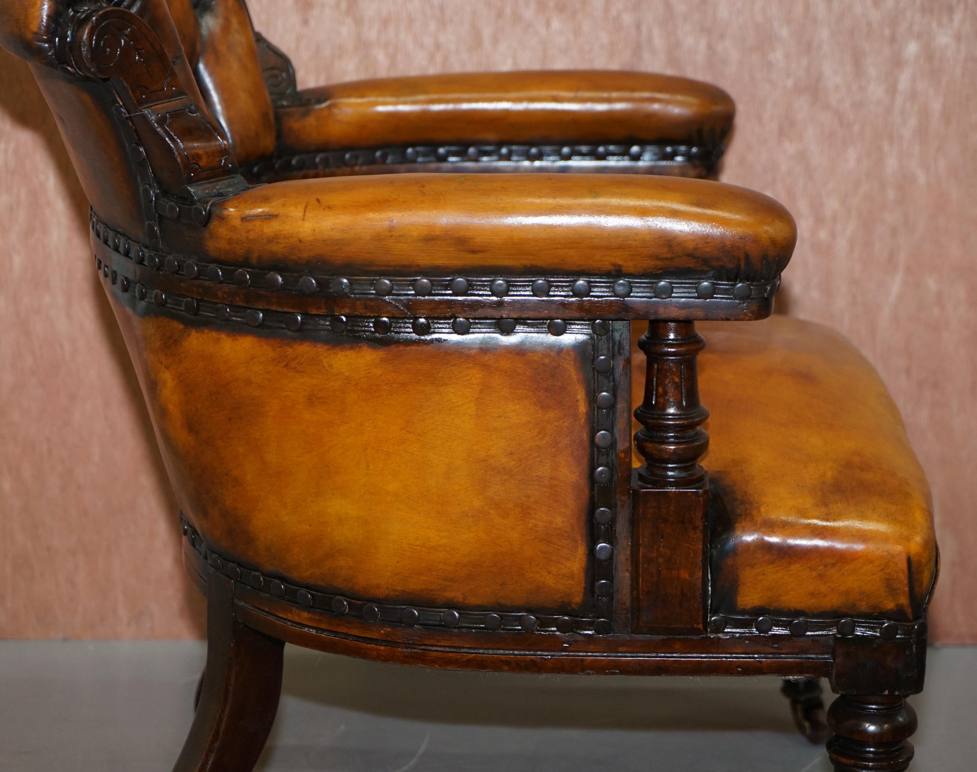 Original Regency Chesterfield Mahogany Hand Carved Brown Leather Office Chair 10
