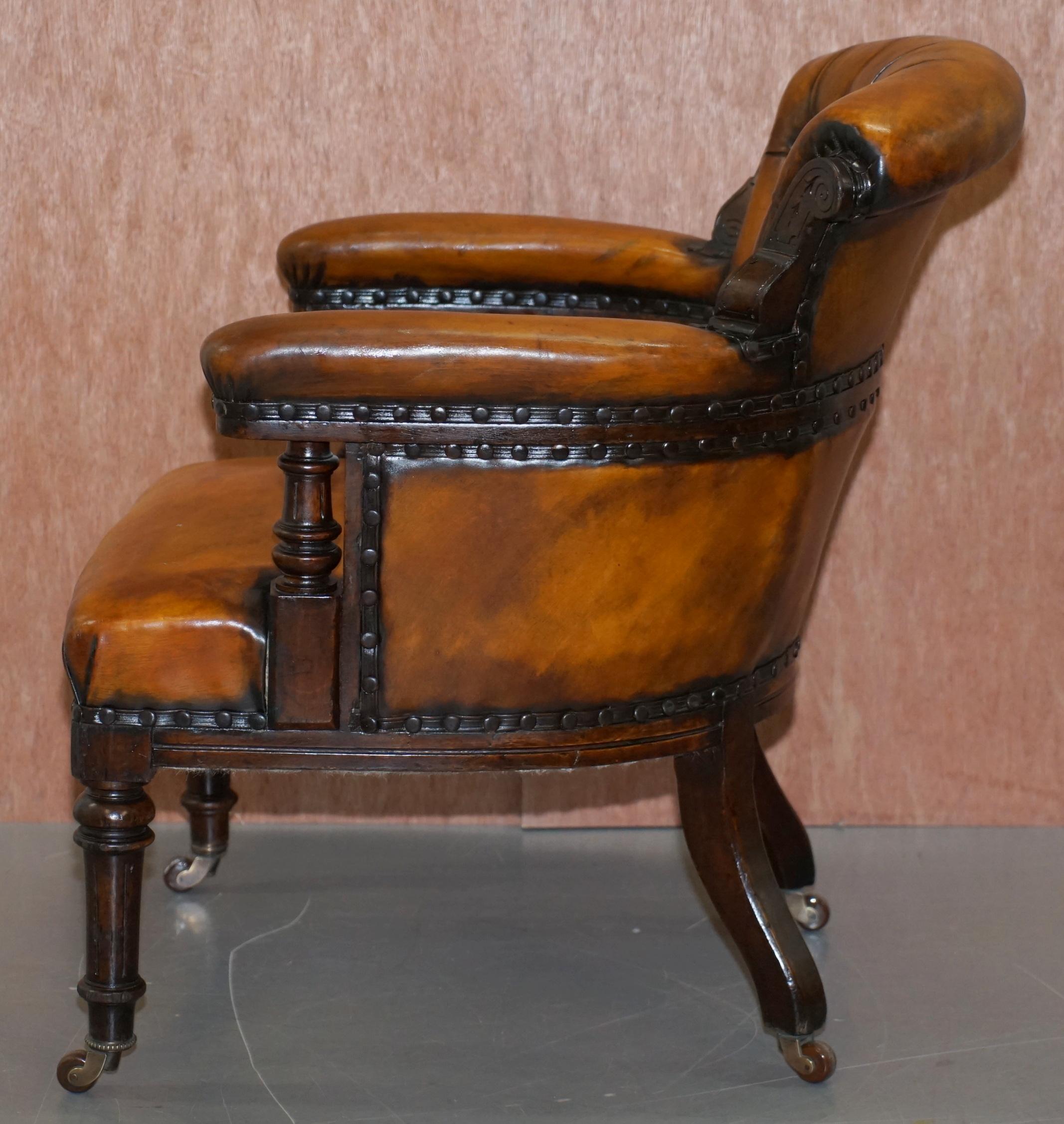 Original Regency Chesterfield Mahogany Hand Carved Brown Leather Office Chair 13