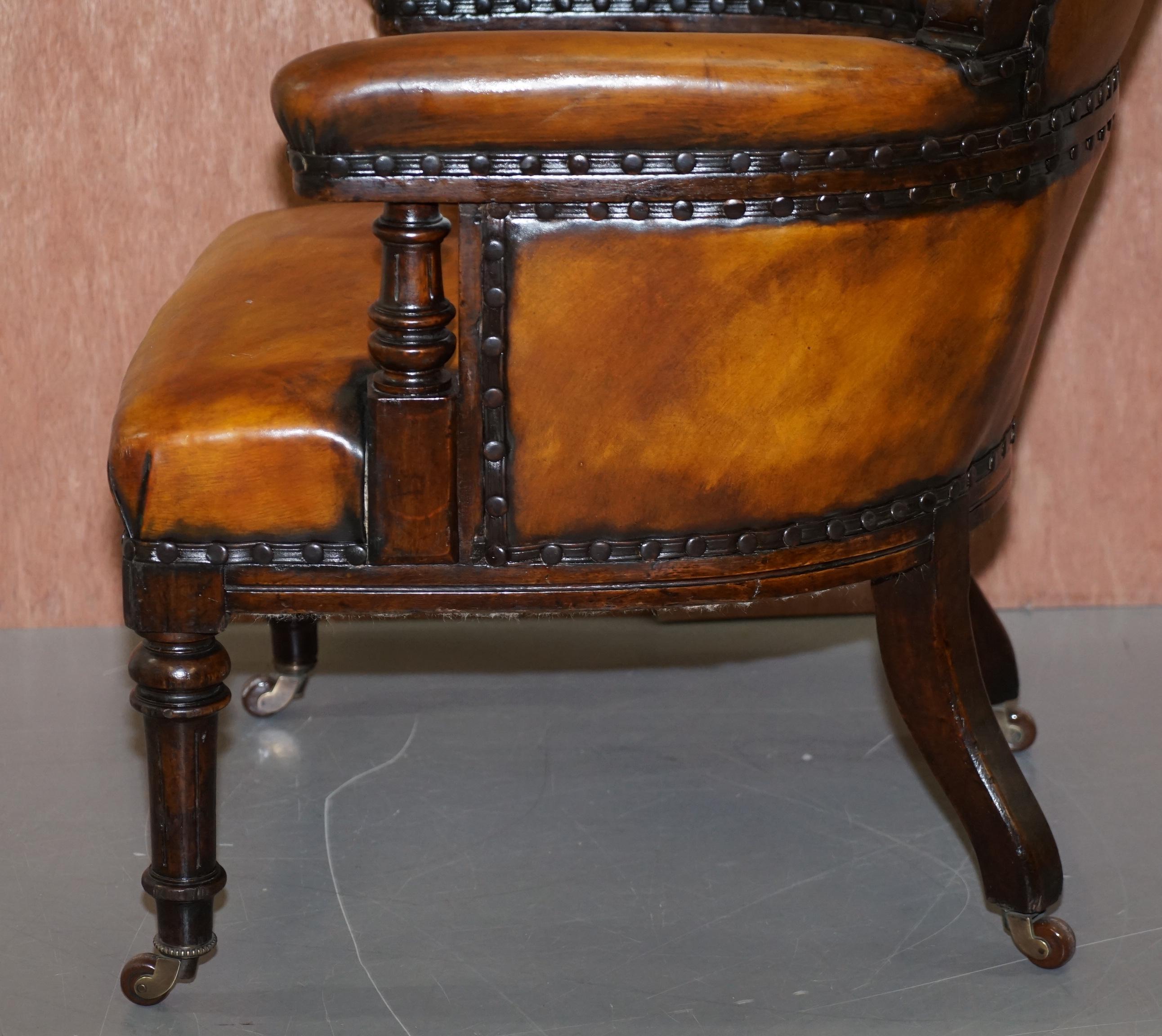 Original Regency Chesterfield Mahogany Hand Carved Brown Leather Office Chair 14