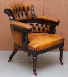 Original Regency Chesterfield Mahogany Hand Carved Brown Leather Office Chair