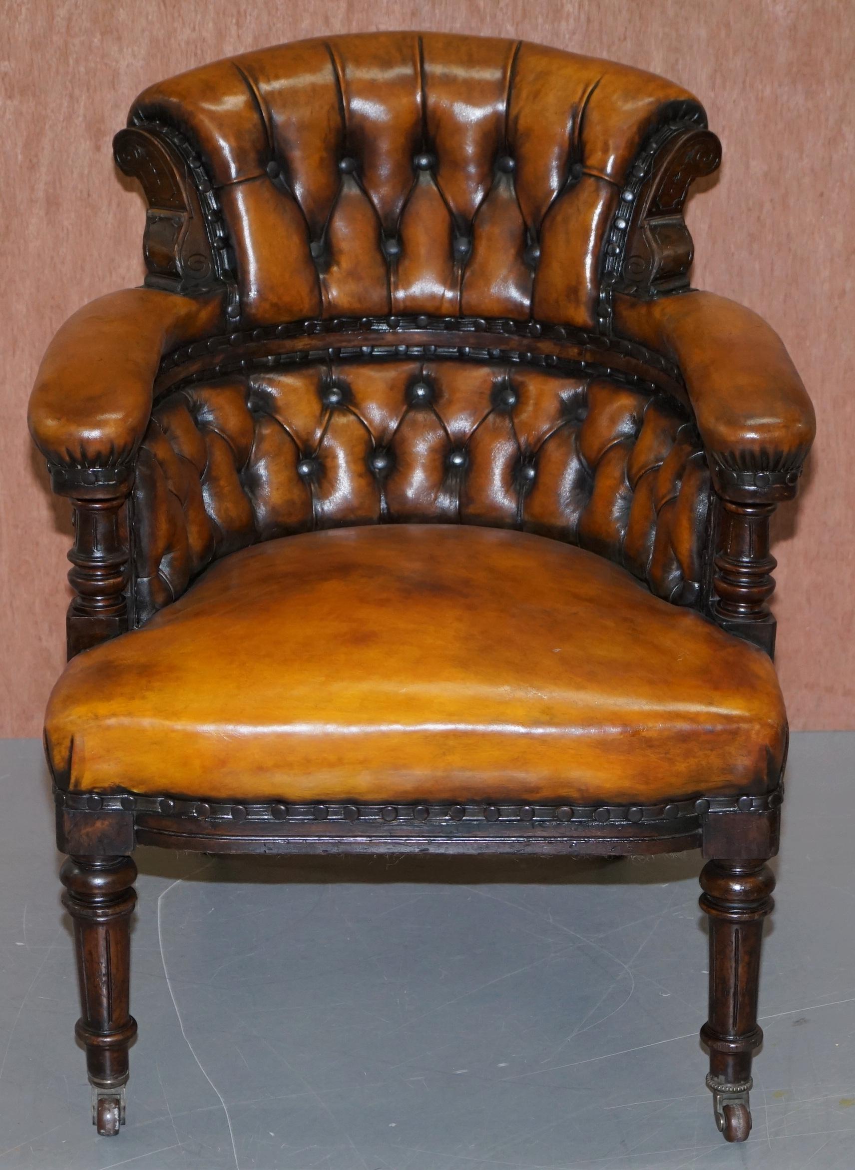 English Original Regency Chesterfield Mahogany Hand Carved Brown Leather Office Chair