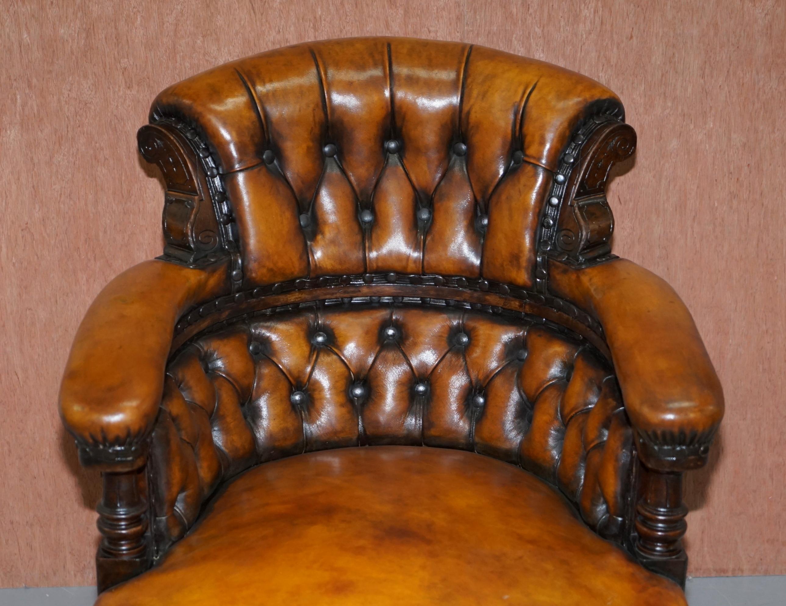 Hand-Crafted Original Regency Chesterfield Mahogany Hand Carved Brown Leather Office Chair