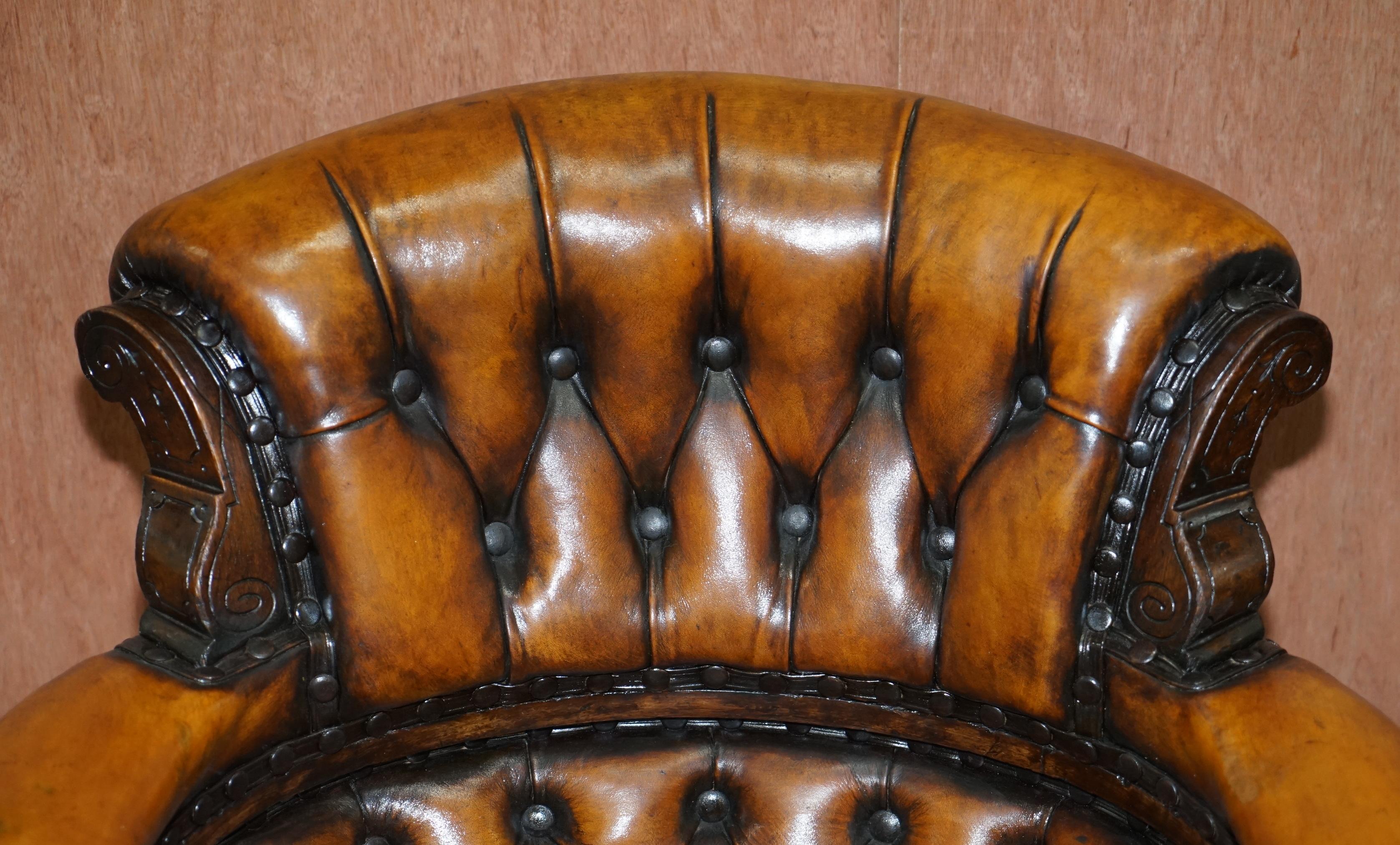 Early 19th Century Original Regency Chesterfield Mahogany Hand Carved Brown Leather Office Chair