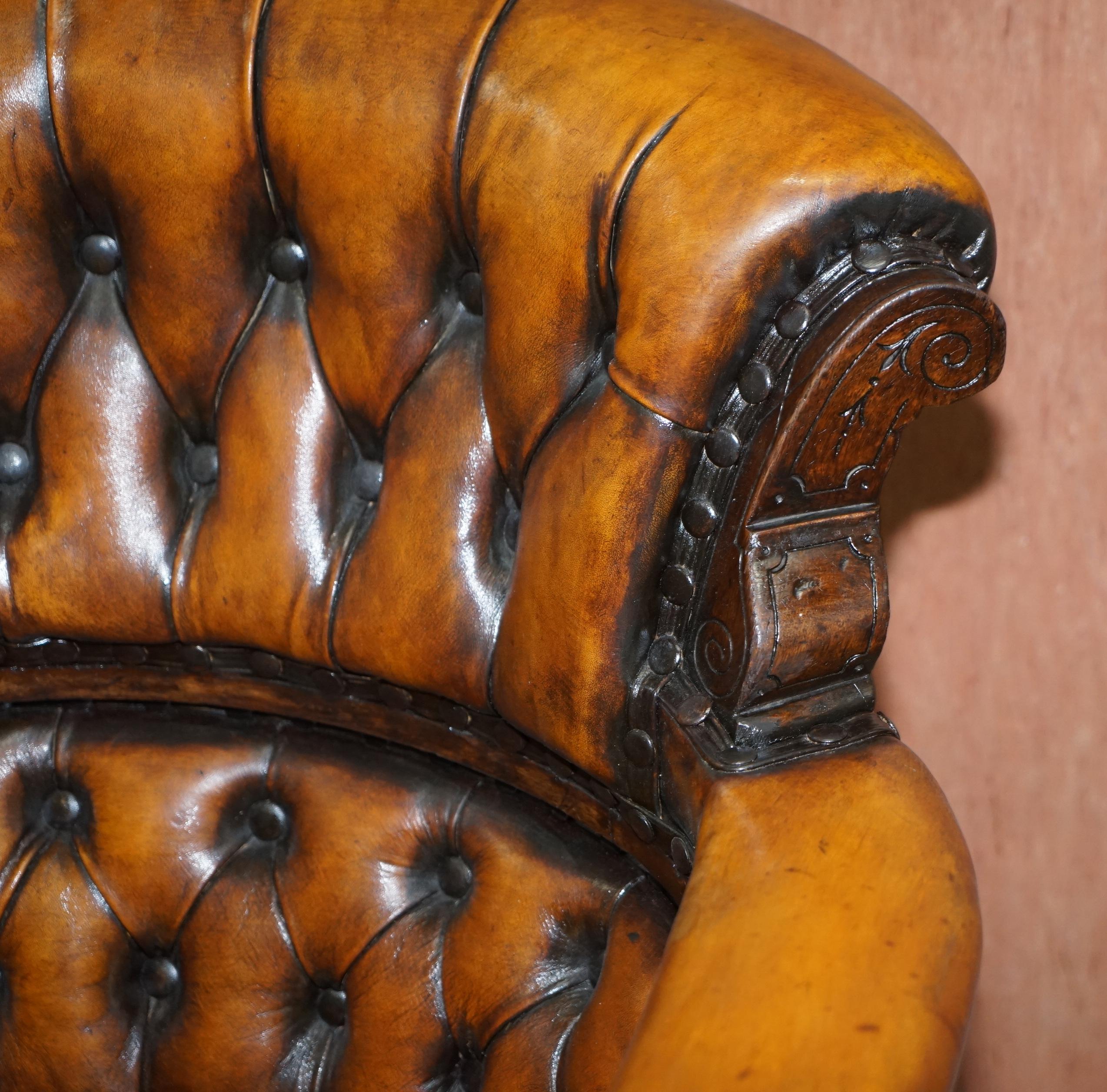 Original Regency Chesterfield Mahogany Hand Carved Brown Leather Office Chair 1