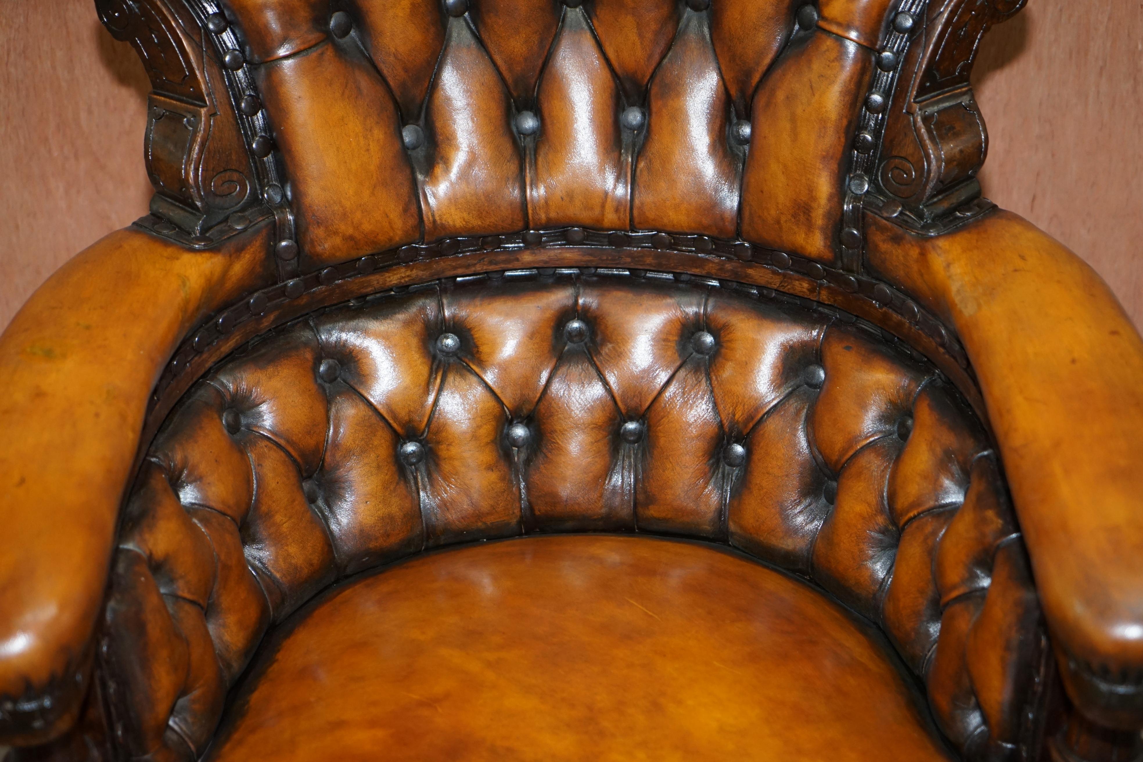 Original Regency Chesterfield Mahogany Hand Carved Brown Leather Office Chair 2