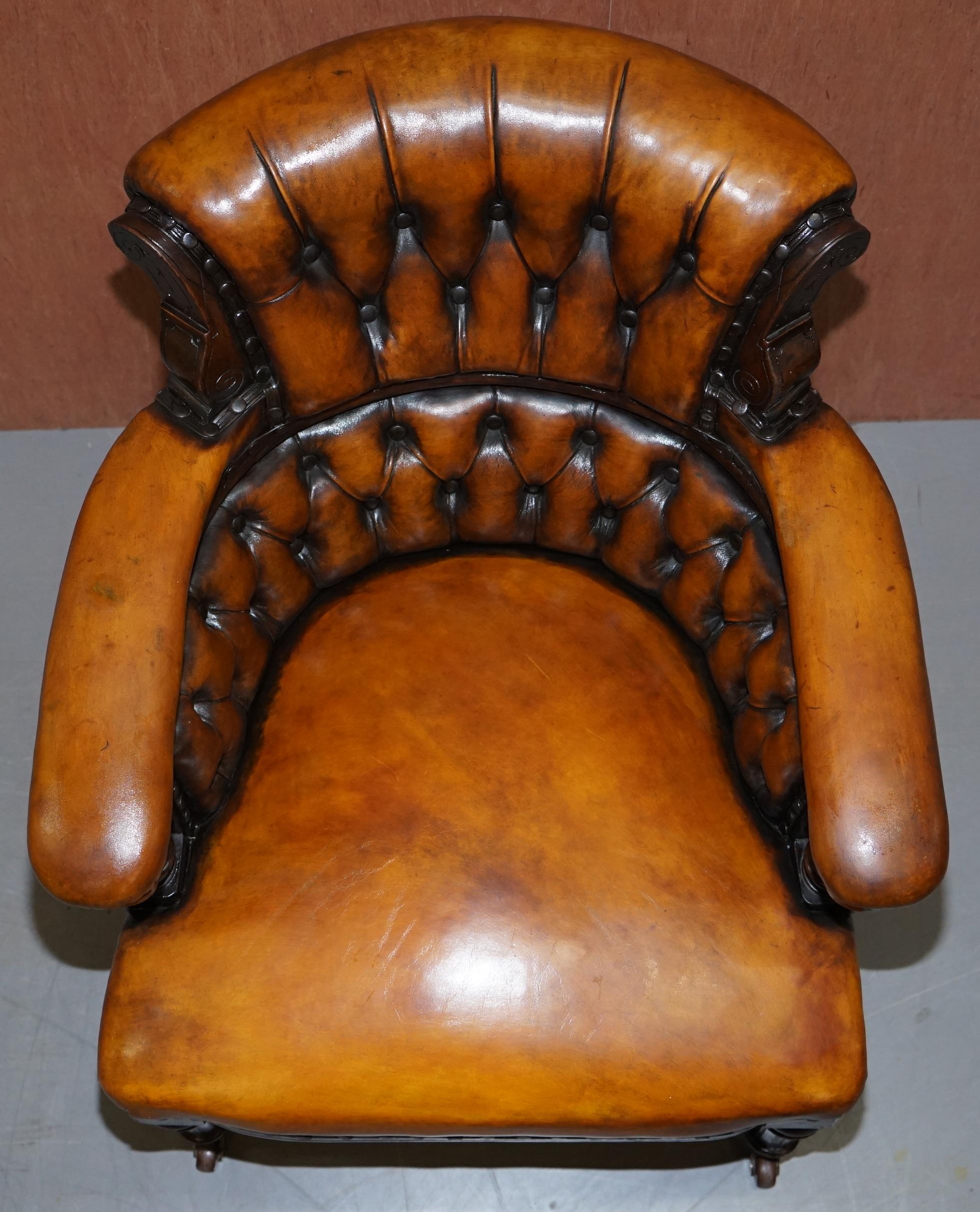 Original Regency Chesterfield Mahogany Hand Carved Brown Leather Office Chair 3