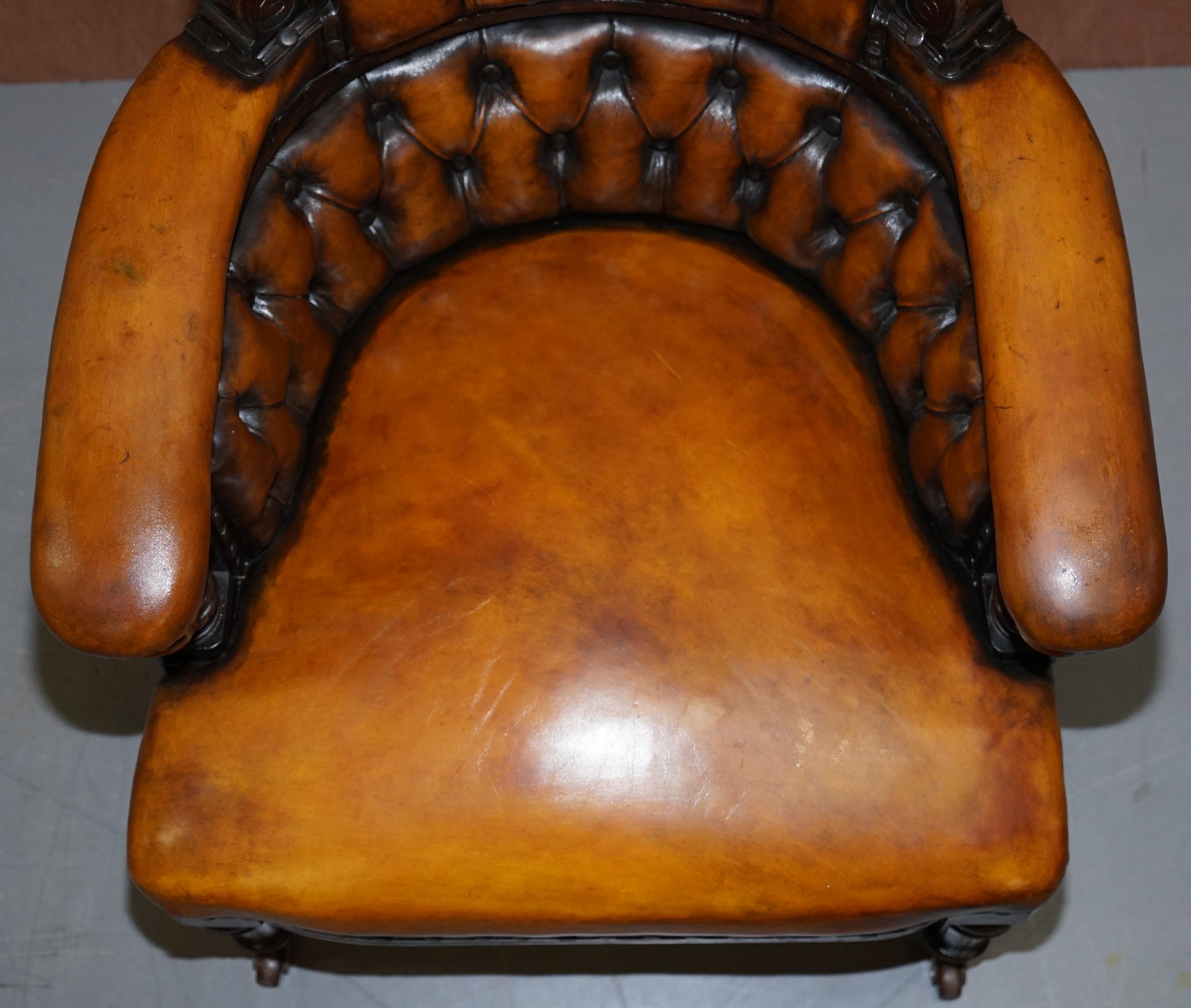 Original Regency Chesterfield Mahogany Hand Carved Brown Leather Office Chair 4