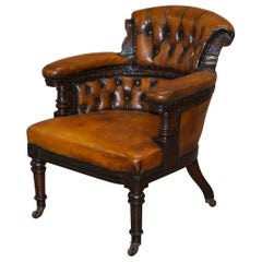 Antique Original Regency Chesterfield Mahogany Hand Carved Brown Leather Office Chair