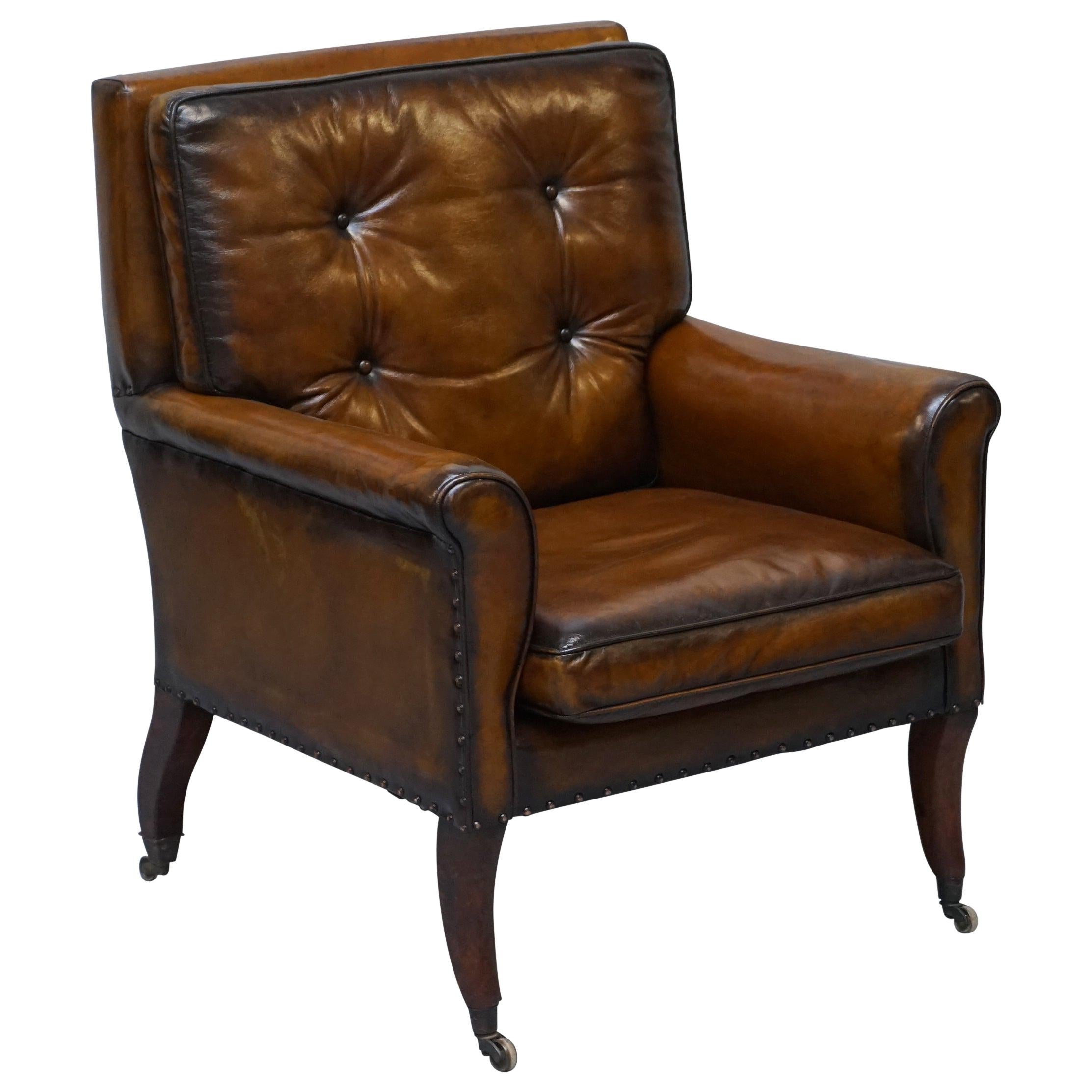 Original Regency circa 1810 Hand Dyed Brown Leather Gentleman's Club Armchair