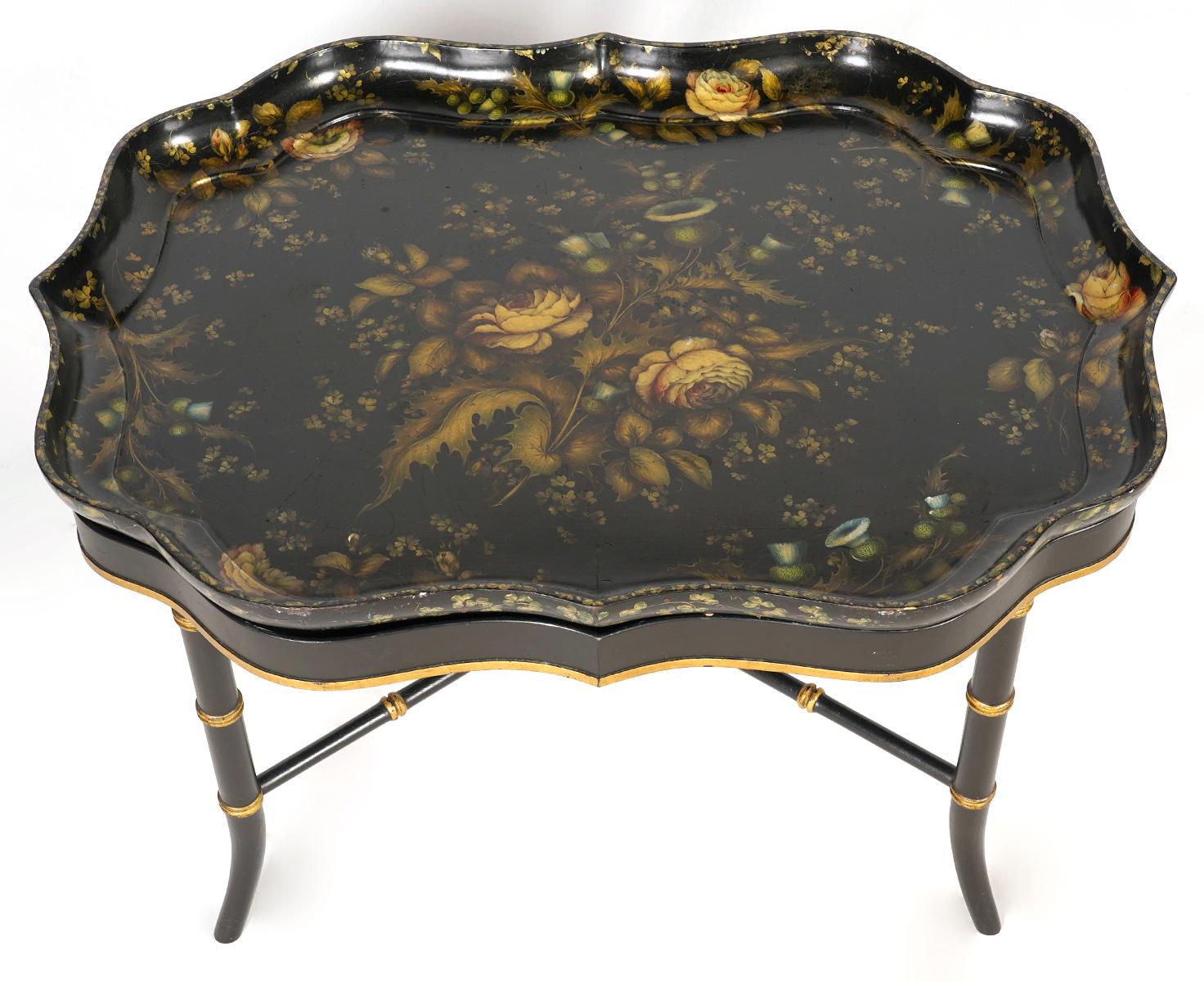 This wonderfully decorated papier mâché tray is made by Clay, 18 King Street, Covent Garden, a maker of great distinction whose trays are exhibited at the Victoria and Albert Museum. The tray is decorated with expertly painted polychrome flowers