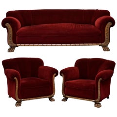 Original Regency Mahogany Framed Overside Lion Hair Paw Feet Sofa Armchair Suite