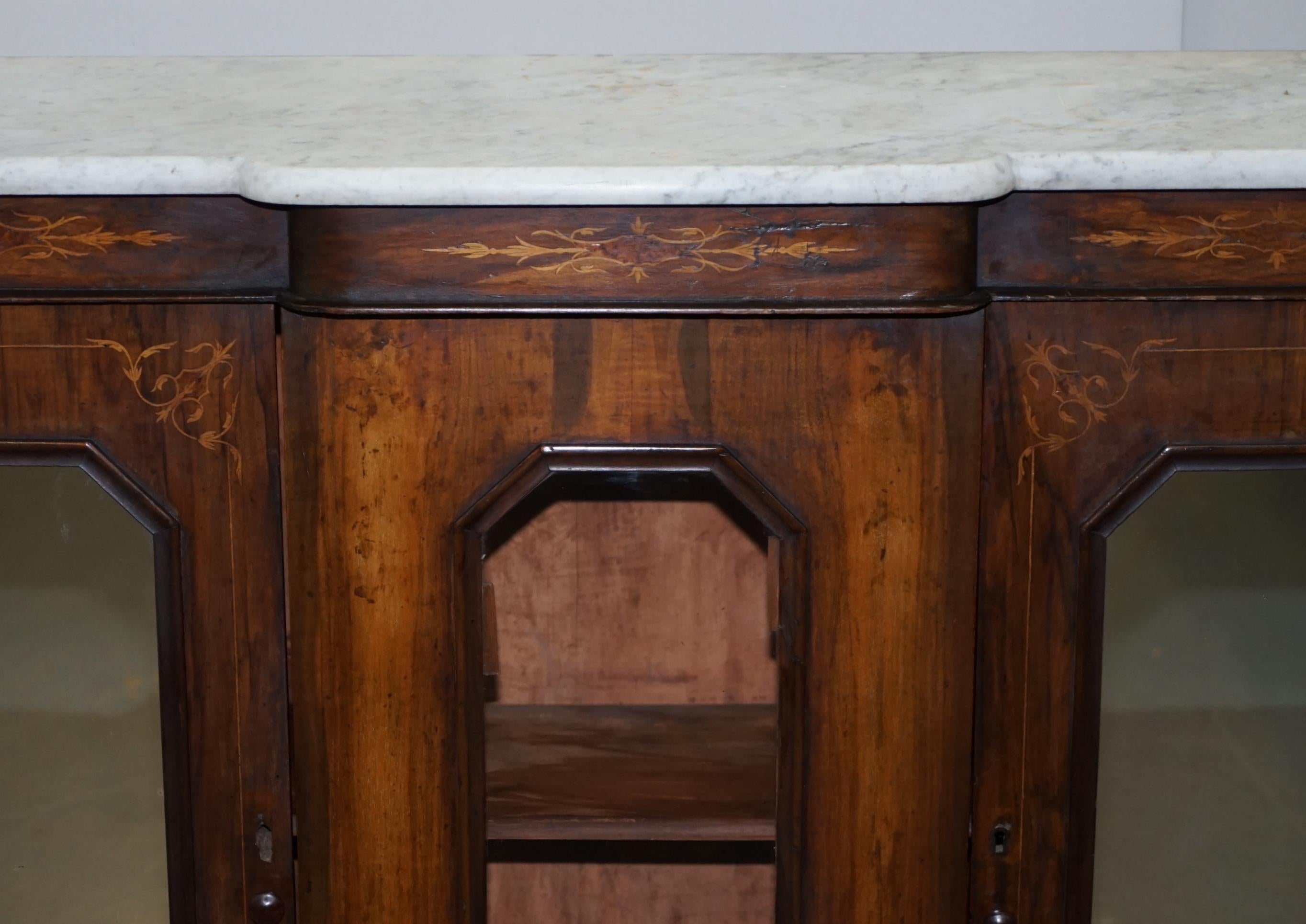 Original Regency Walnut and Marble Credenza Sideboard Cupboard Mirrored Doors For Sale 4