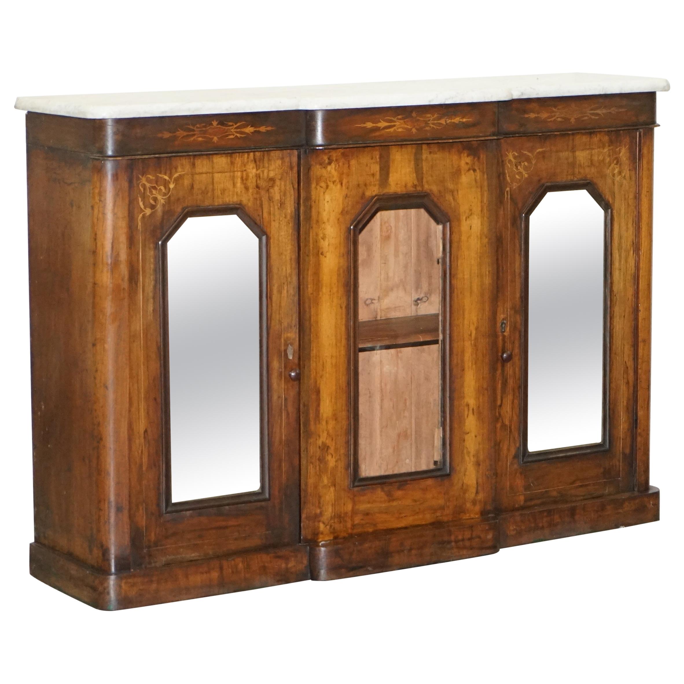 Original Regency Walnut and Marble Credenza Sideboard Cupboard Mirrored Doors