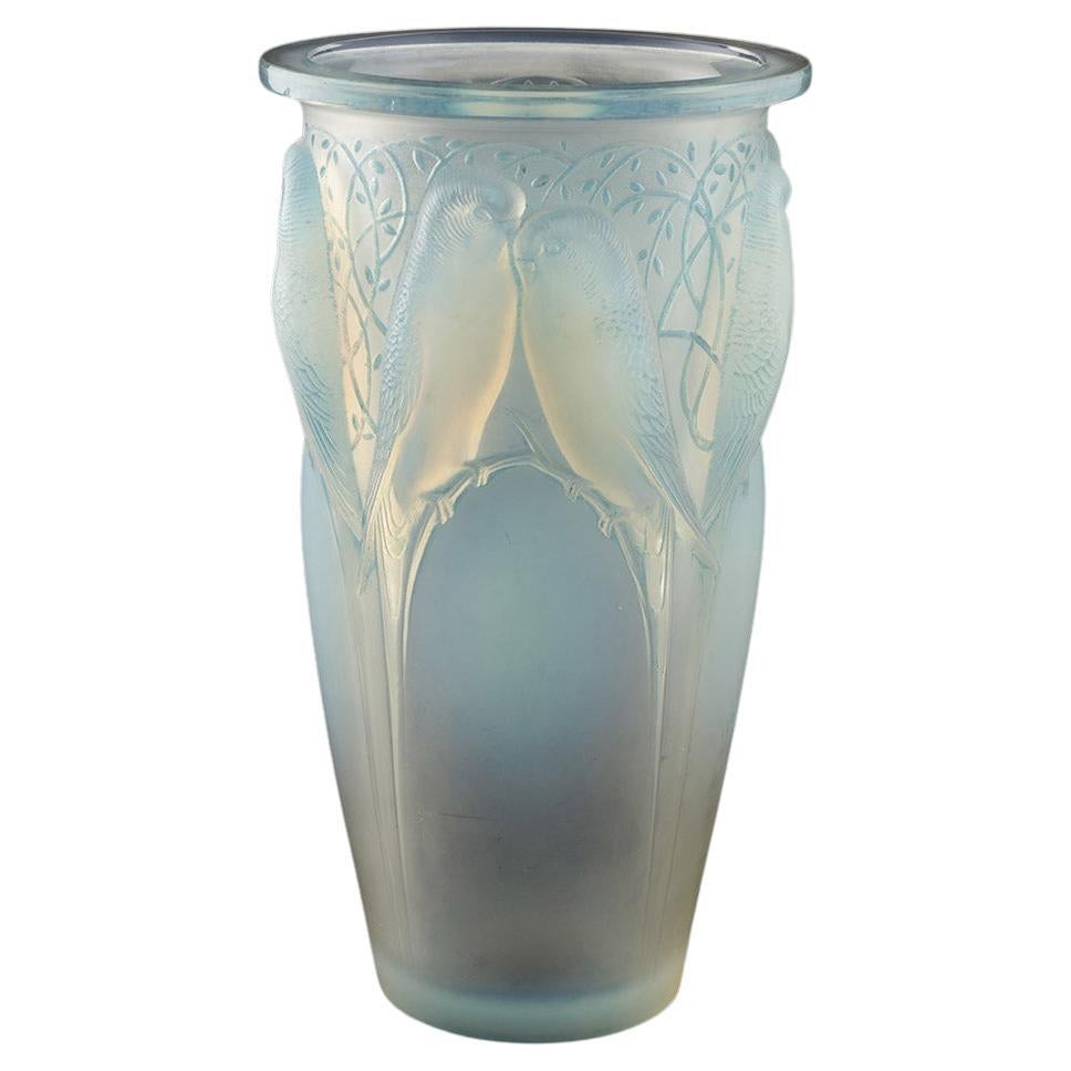Original Rene Lalique 'Ceylan' Blue Opalescent Glass Vase Circa 1930