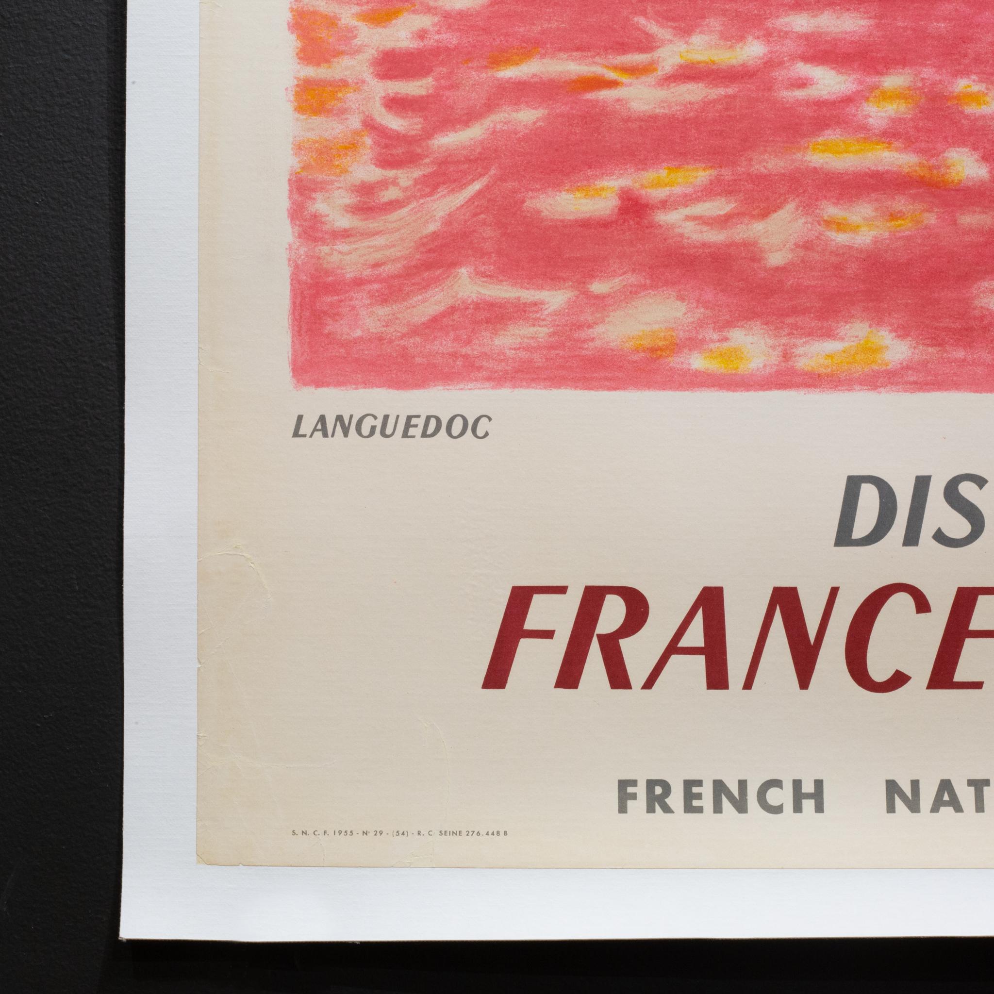 Restaurierte Lithographie SNCF Französische Eisenbahn Reiseplakat, Languedoc um 1956, Original im Zustand „Gut“ im Angebot in San Francisco, CA