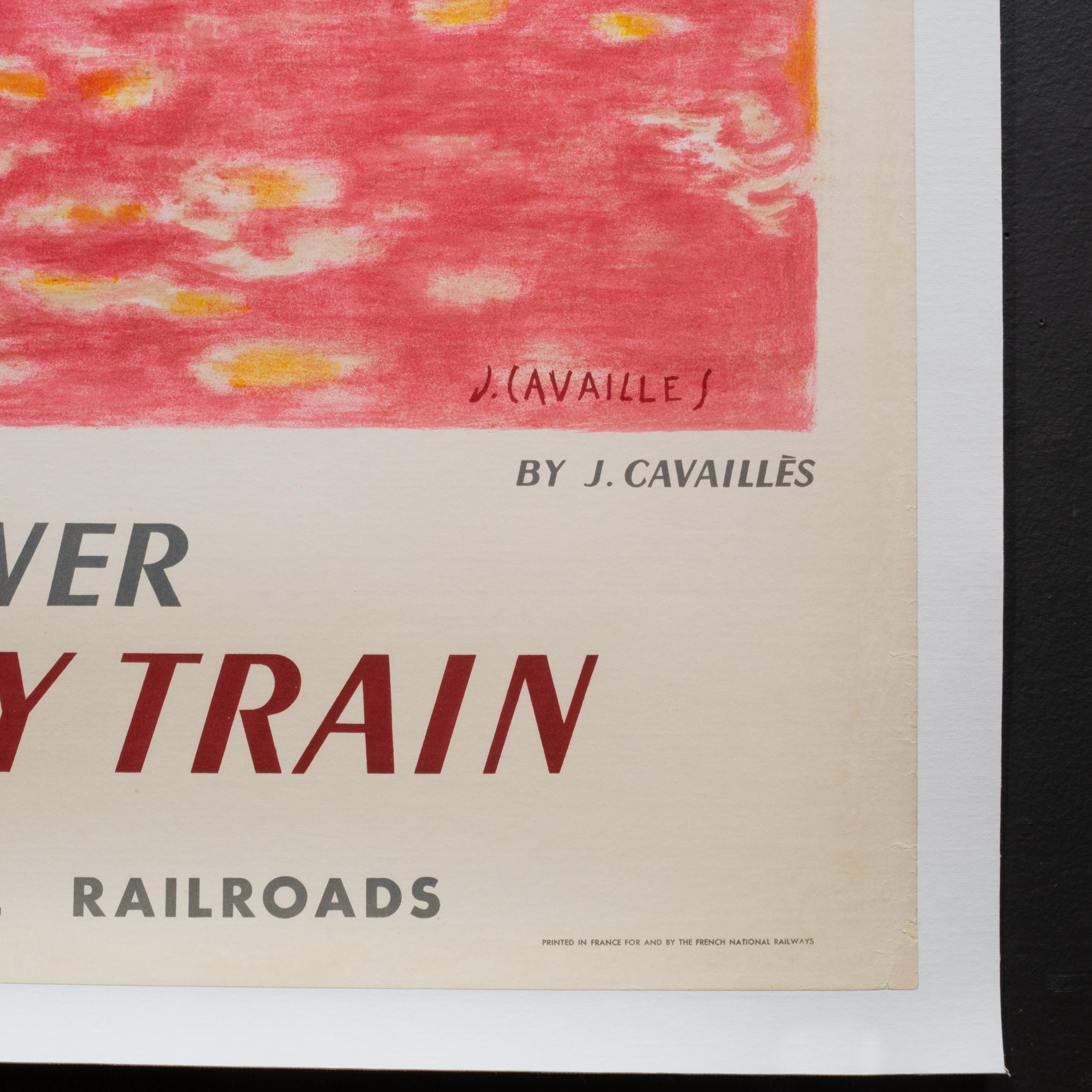 Restaurierte Lithographie SNCF Französische Eisenbahn Reiseplakat, Languedoc um 1956, Original (Leinen) im Angebot