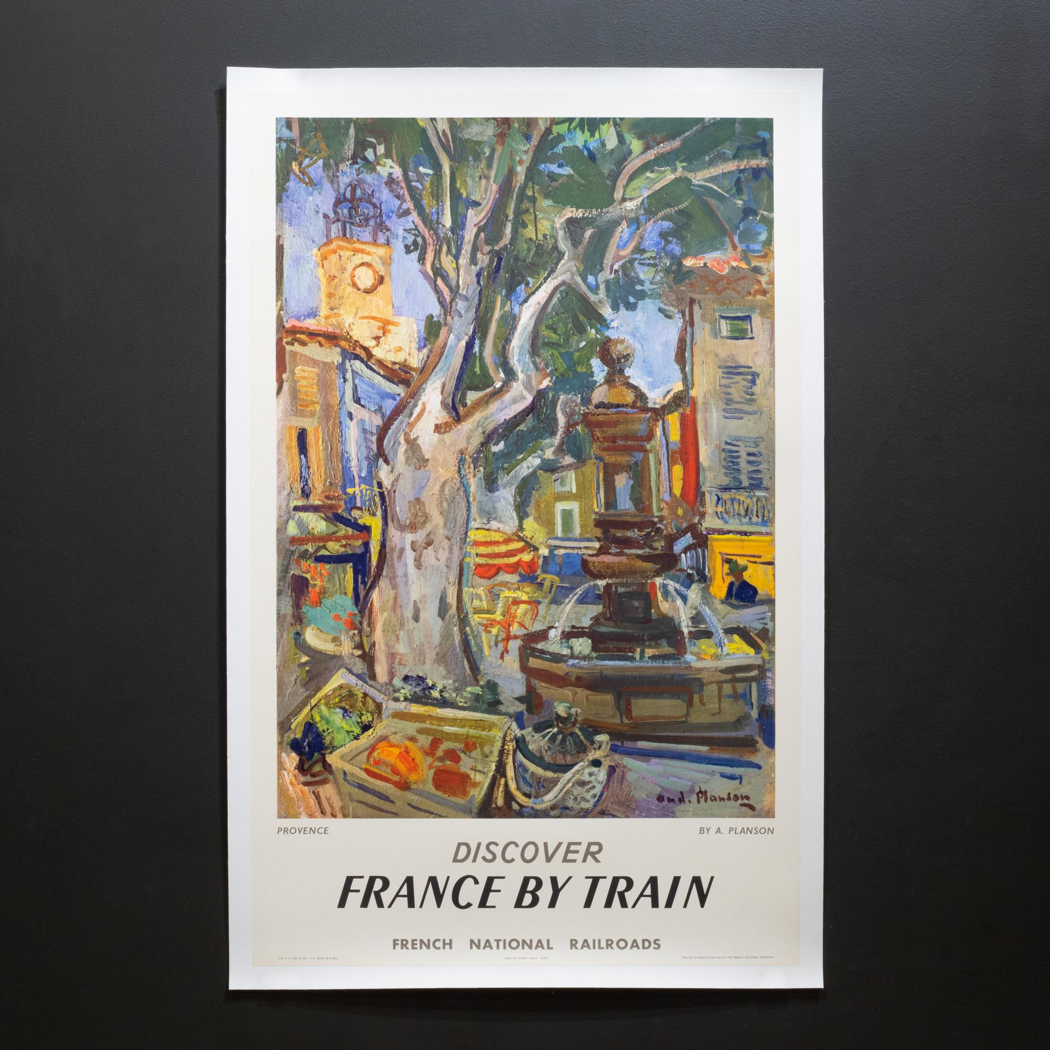 ÜBER

Original Eisenbahnreiseplakat für Frankreich Provence, das in den Straßen Frankreichs ausgestellt wurde, um für Reisen in diese Region zu werben. Herausgegeben von der staatlichen französischen Eisenbahngesellschaft SNCF (Societe Nationale des