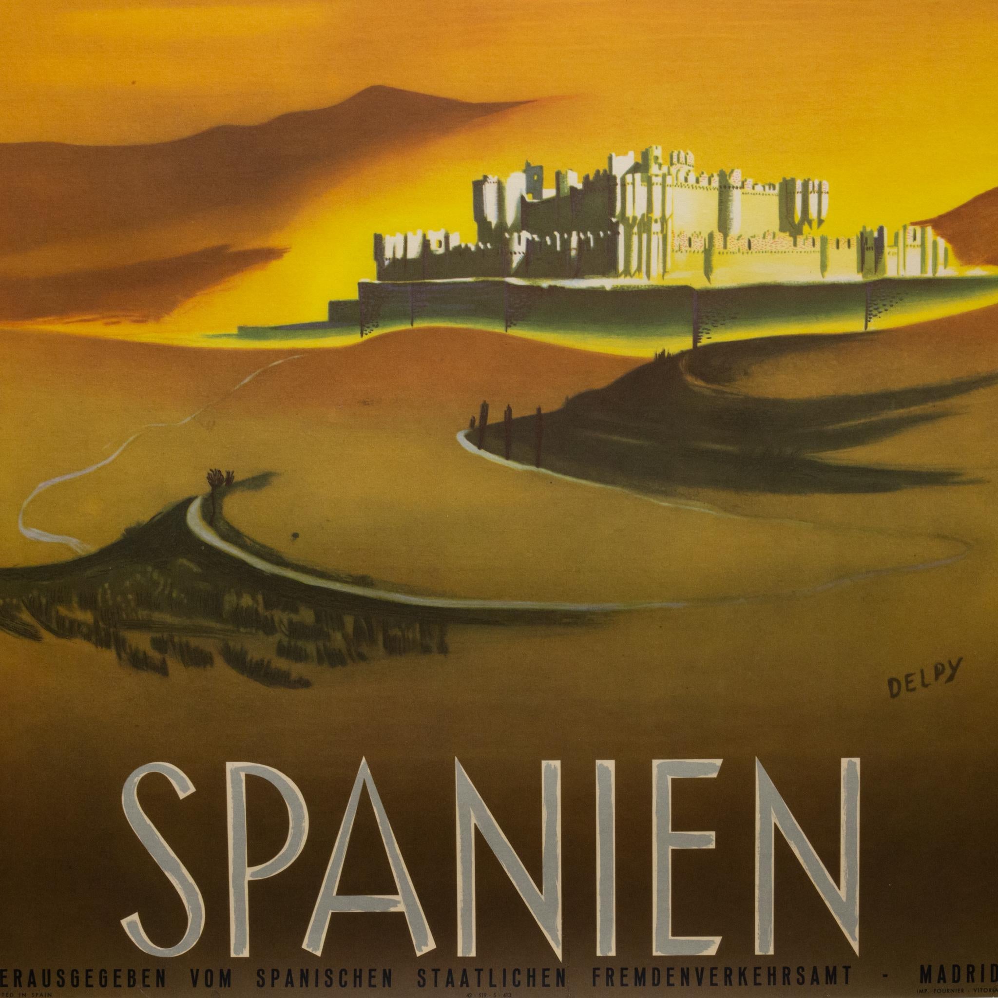 ÜBER

Original lithographiertes deutsches Reiseplakat für Spanien mit einem Werk von Henri Jacques Delpy. In der Platte signiert. Im Auftrag der Fremdenverkehrsämter fertigte der Künstler Plakate an, die zu einem Besuch in Spanien verführen