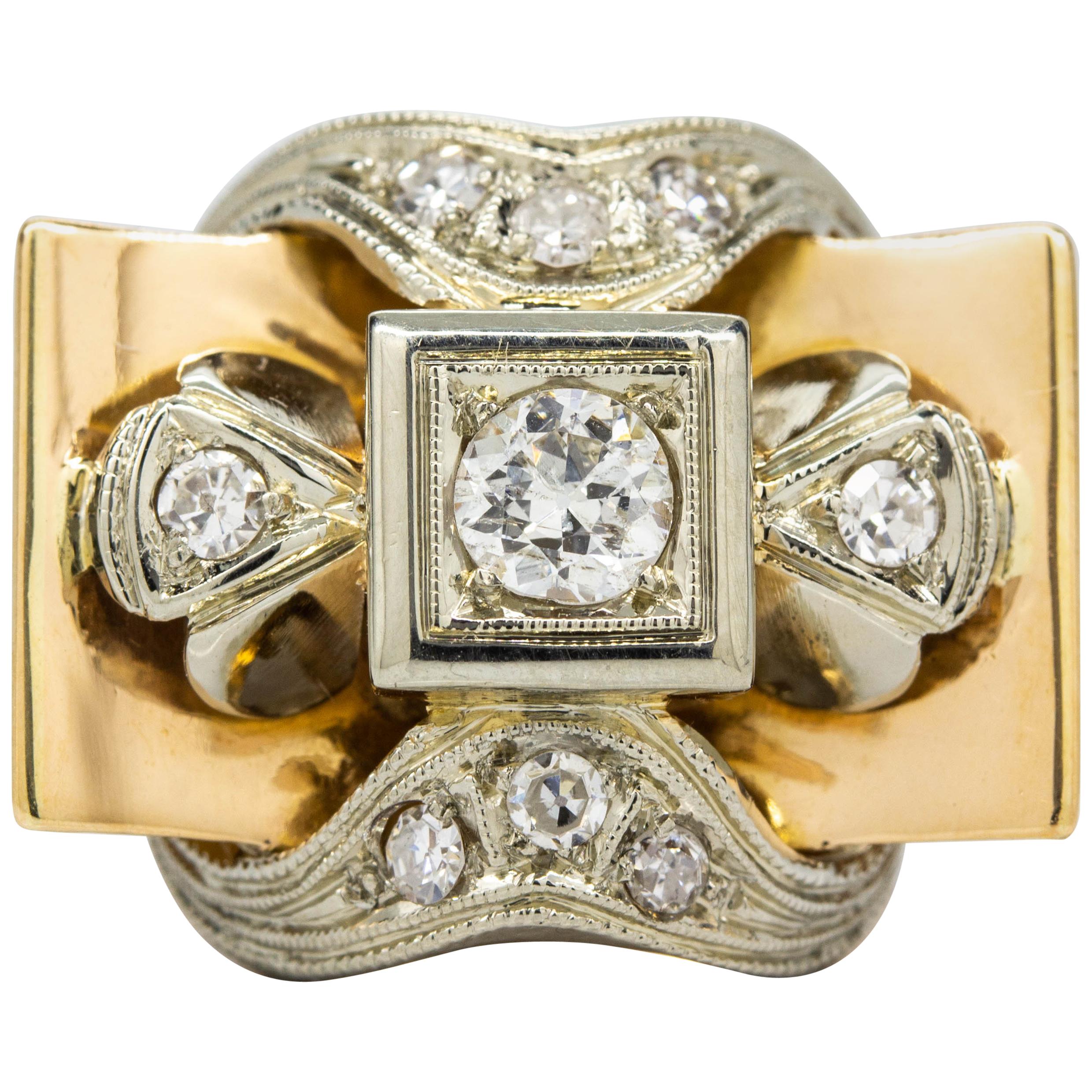 Original Retro 1940s 18 Karat Gold and Platinum Diamond Ring