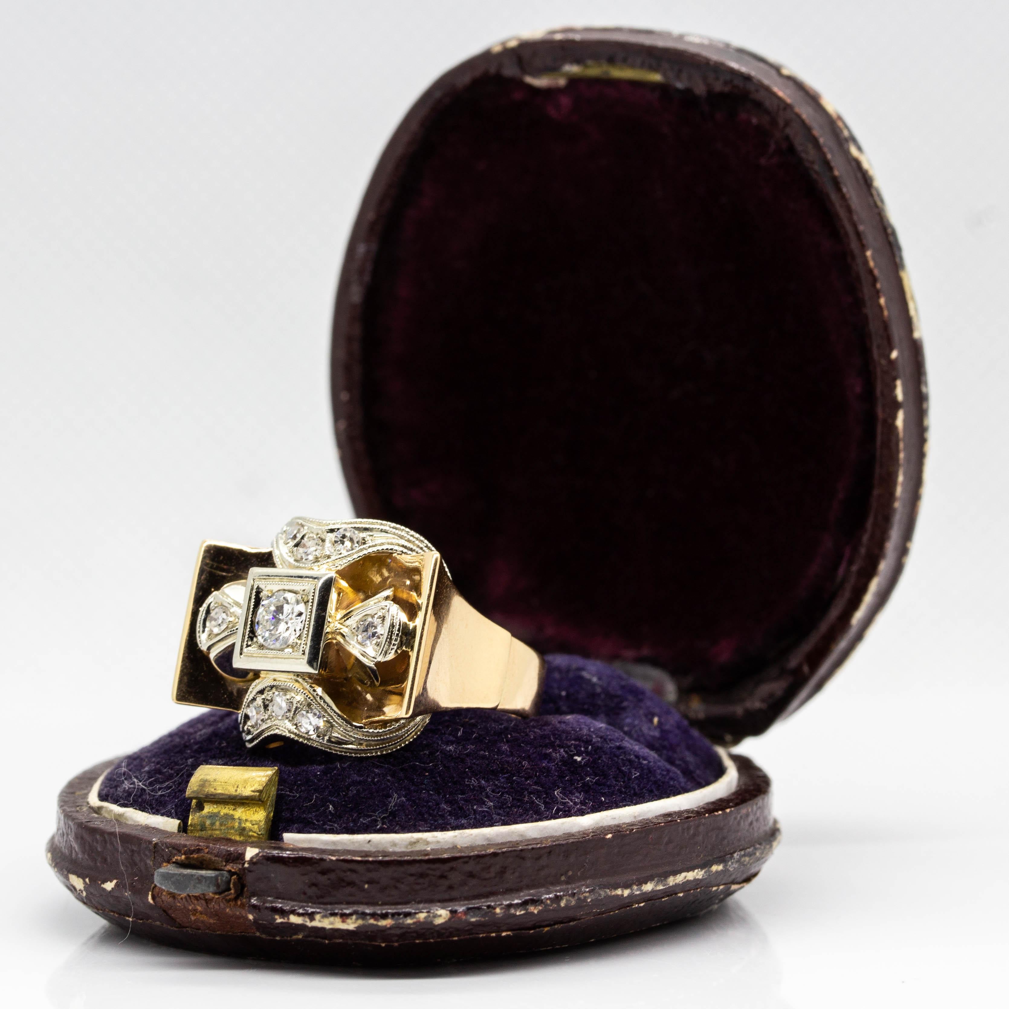 Original Retro 1940s 18 Karat Gold and Platinum Diamond Ring 1