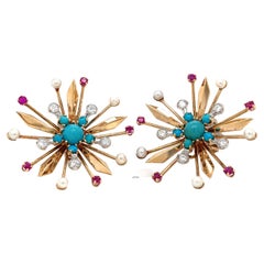 Original Retro Earrings with Diamonds, Pearls, Rubies and Turquoise