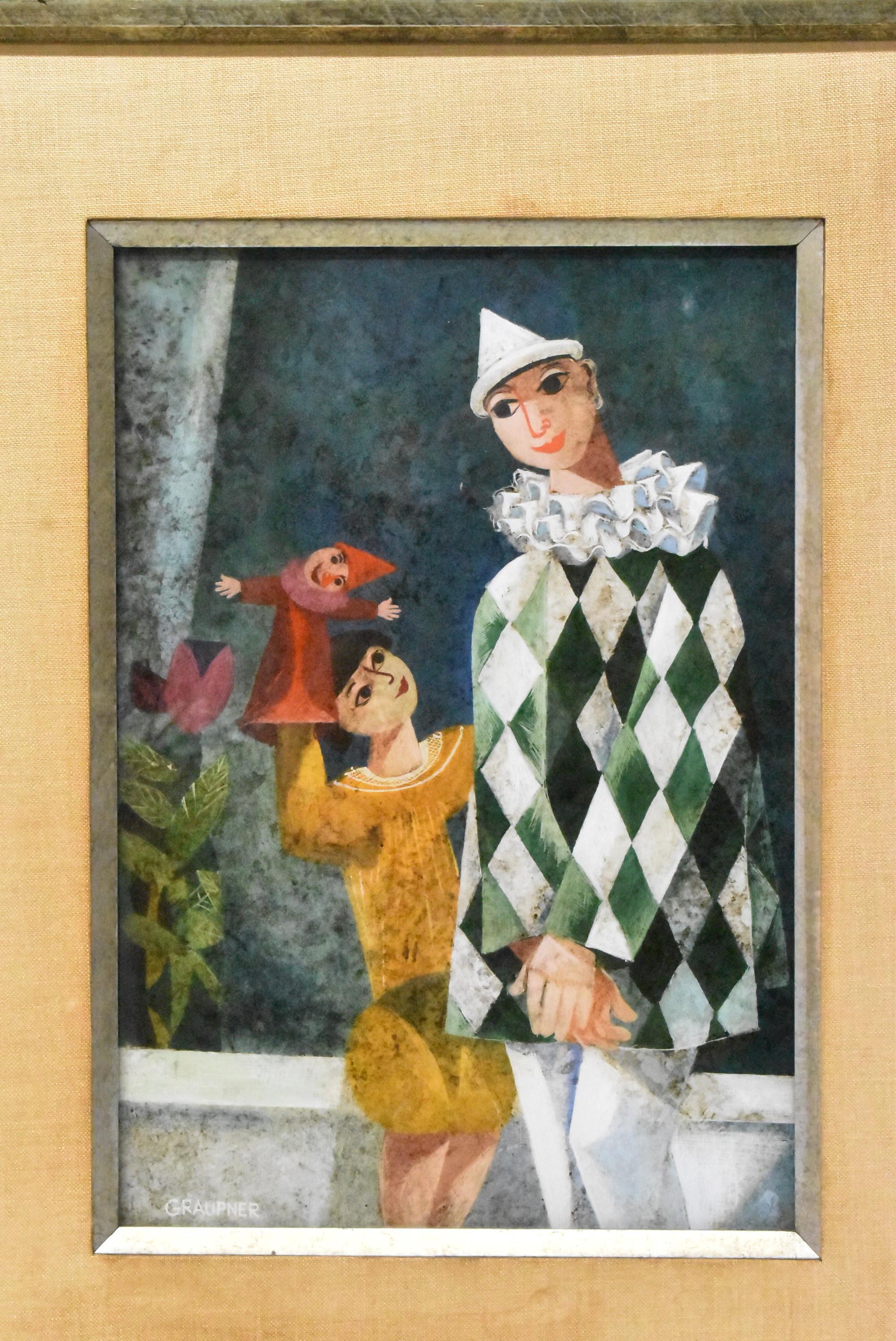 Original reverse painting on glass by German artist Ernest Graupner 1917-1989. Child with puppet and jester, harlequin. Signed.