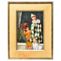 Original Reverse Painting on Glass Harlequin, Jester Puppet by Ernest Grauper