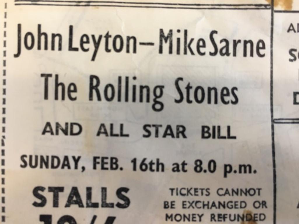 An original ticket to the Rolling Stones’ February 16, 1964 show at the Portsmouth Guildhall

The Rolling Stones are the world’s biggest band and have defined the image of the “rock star”. They have enjoyed eight UK #1s and continue to sell out