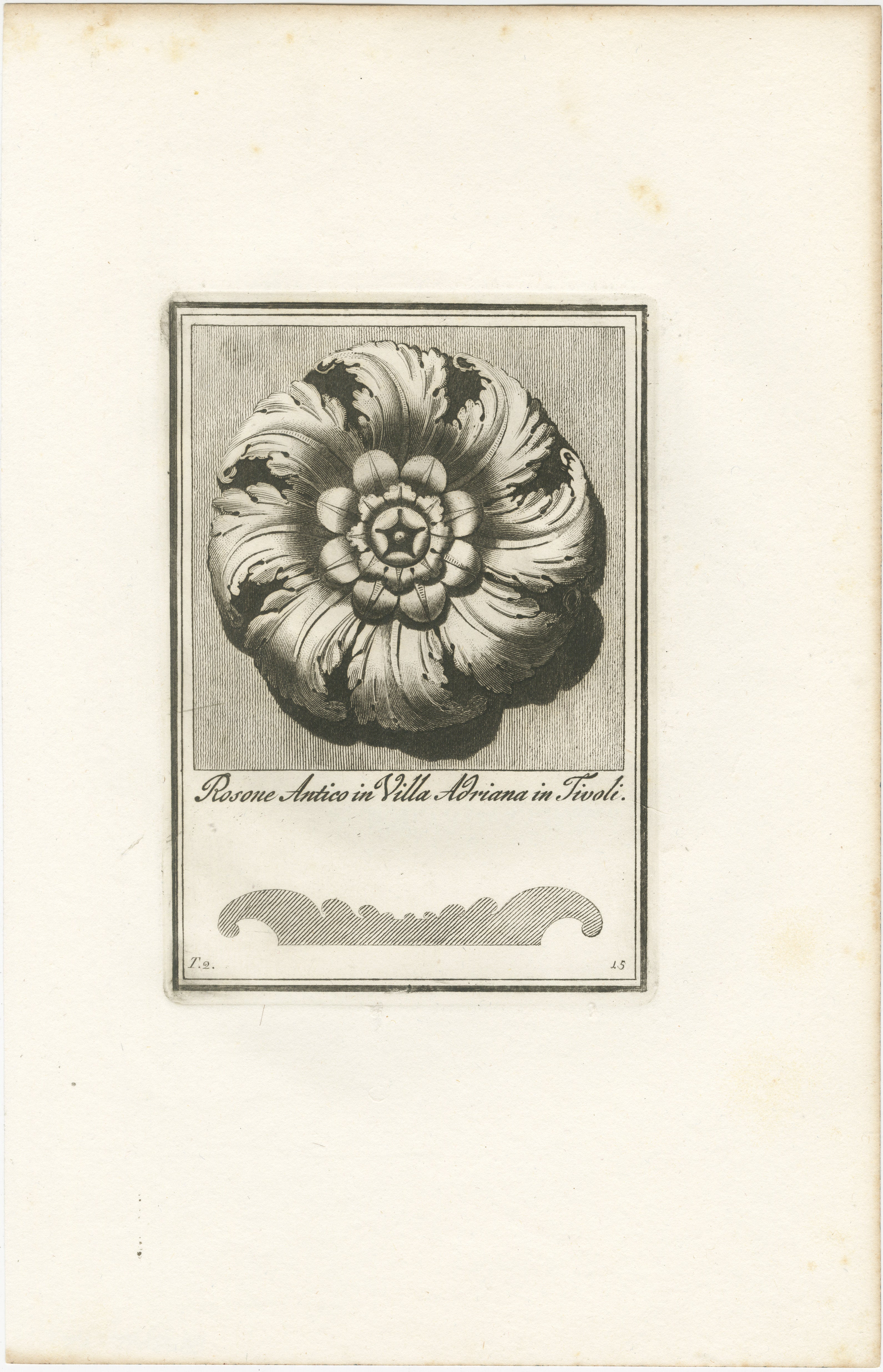 Cette élégante gravure de la fin du XVIIIe siècle présente une rosette, un motif ornemental ressemblant à une rose stylisée, qui a été un motif récurrent dans la conception architecturale à travers les âges. 

Titre : 