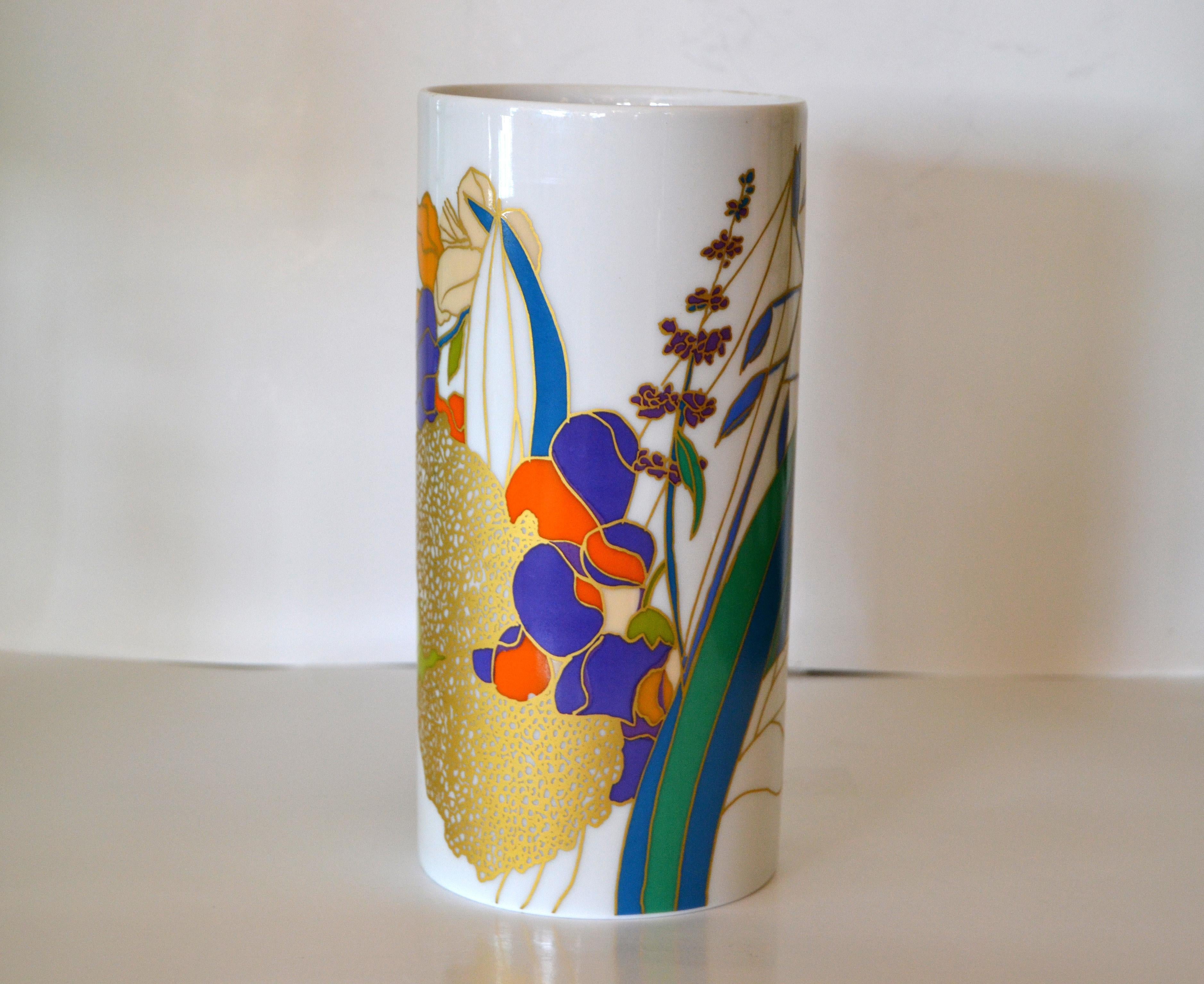 Striking original Rosenthal porcelain hand painted flower vase designed by Wolfgang Bauer and made in Germany for Studio-Linie.
The vase features multi-color floral branch outlined in gold.
Signed with the artist's signature 