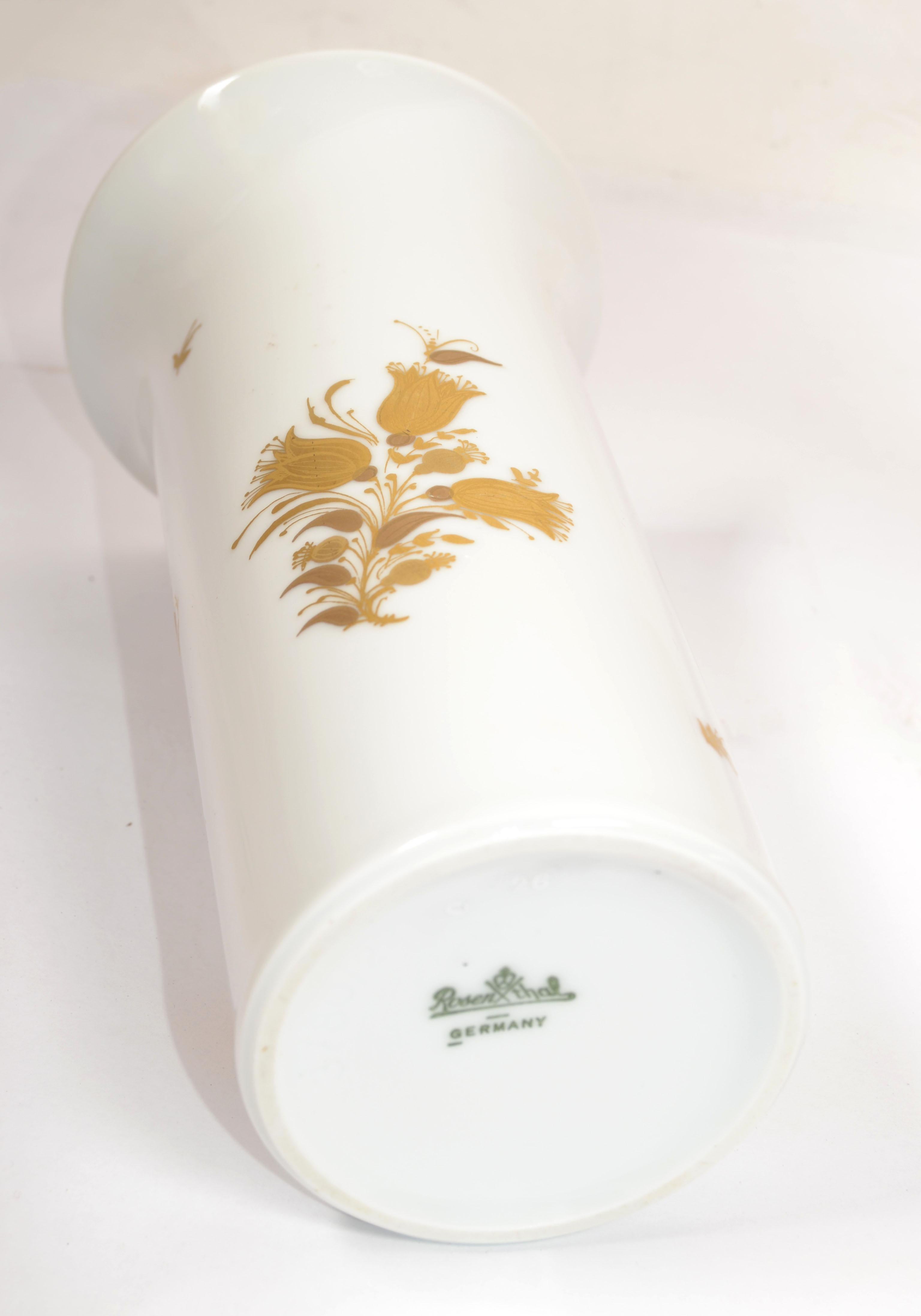 Original Rosenthal White Porcelain Flower Vase Hand Painted Gold Leaf Flowers For Sale 7
