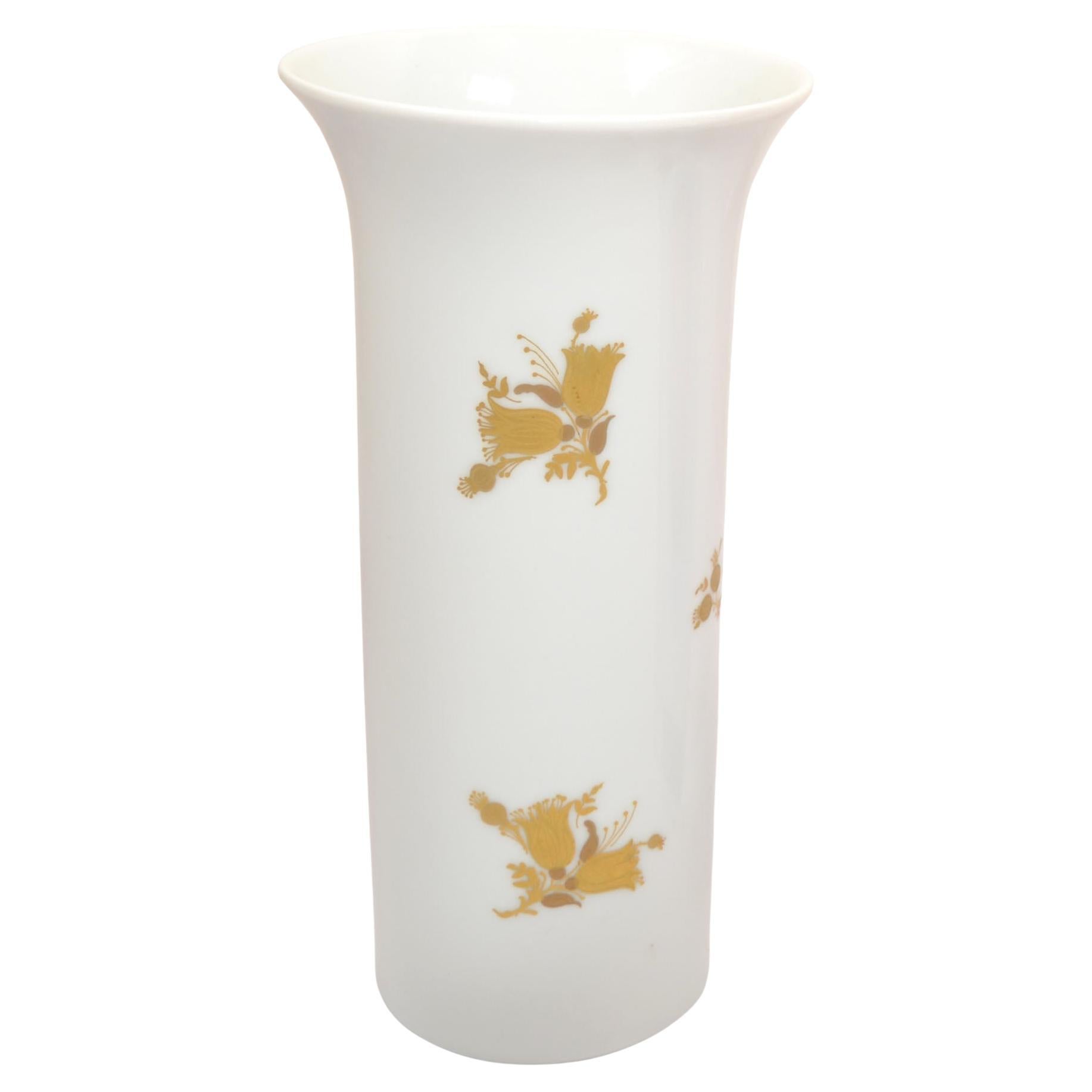 Mid-Century Modern Original Rosenthal White Porcelain Flower Vase Hand Painted Gold Leaf Flowers For Sale