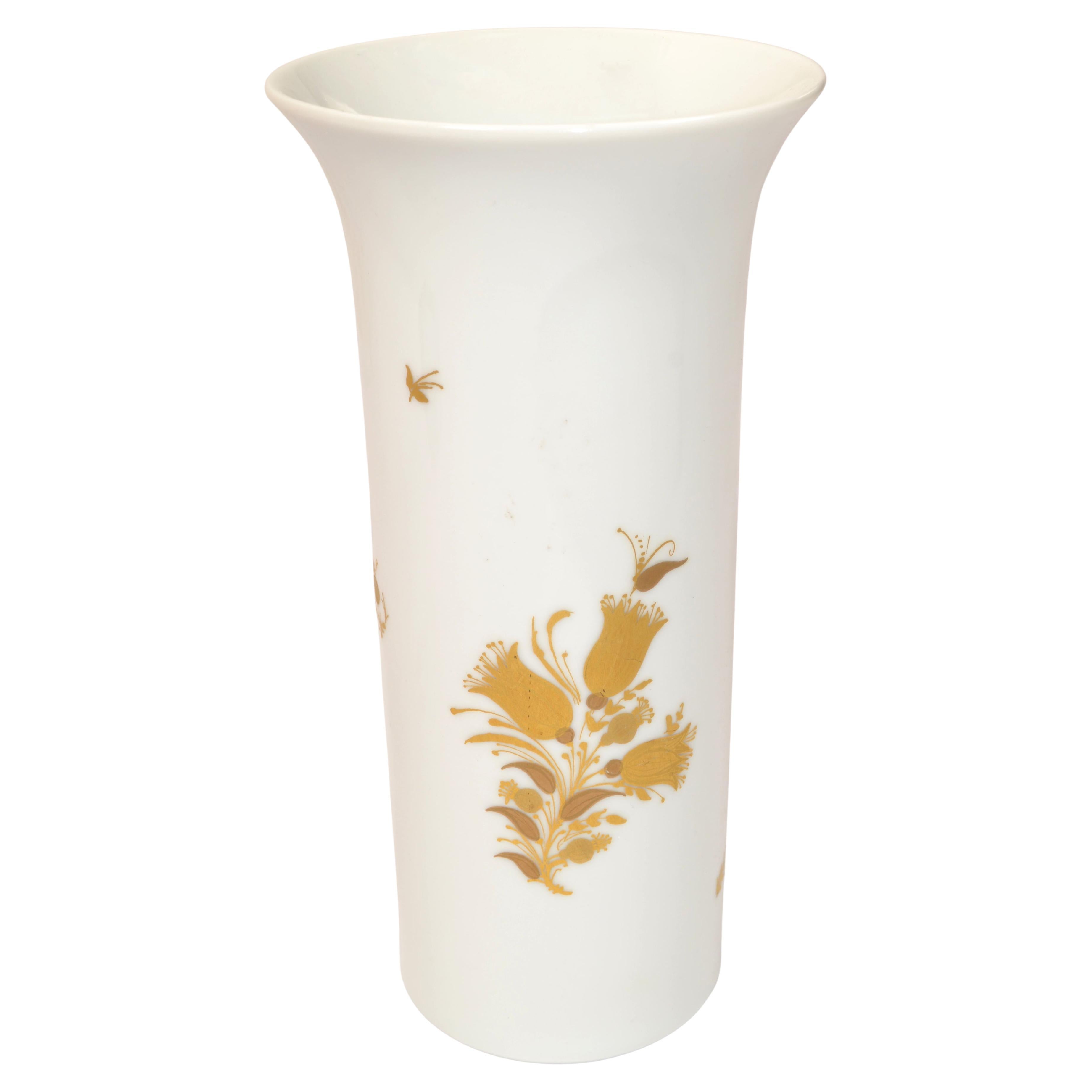 German Original Rosenthal White Porcelain Flower Vase Hand Painted Gold Leaf Flowers For Sale