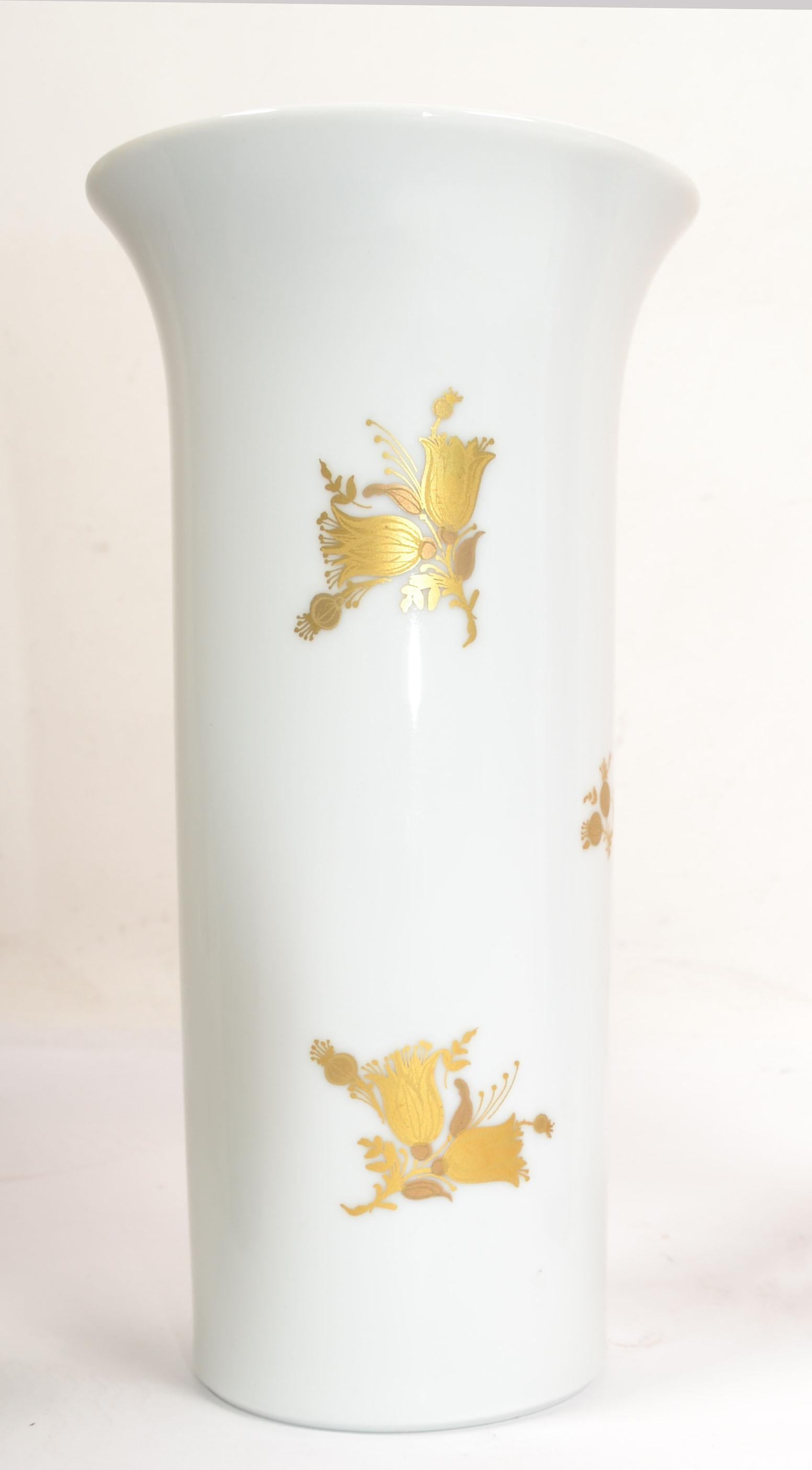 Glazed Original Rosenthal White Porcelain Flower Vase Hand Painted Gold Leaf Flowers For Sale