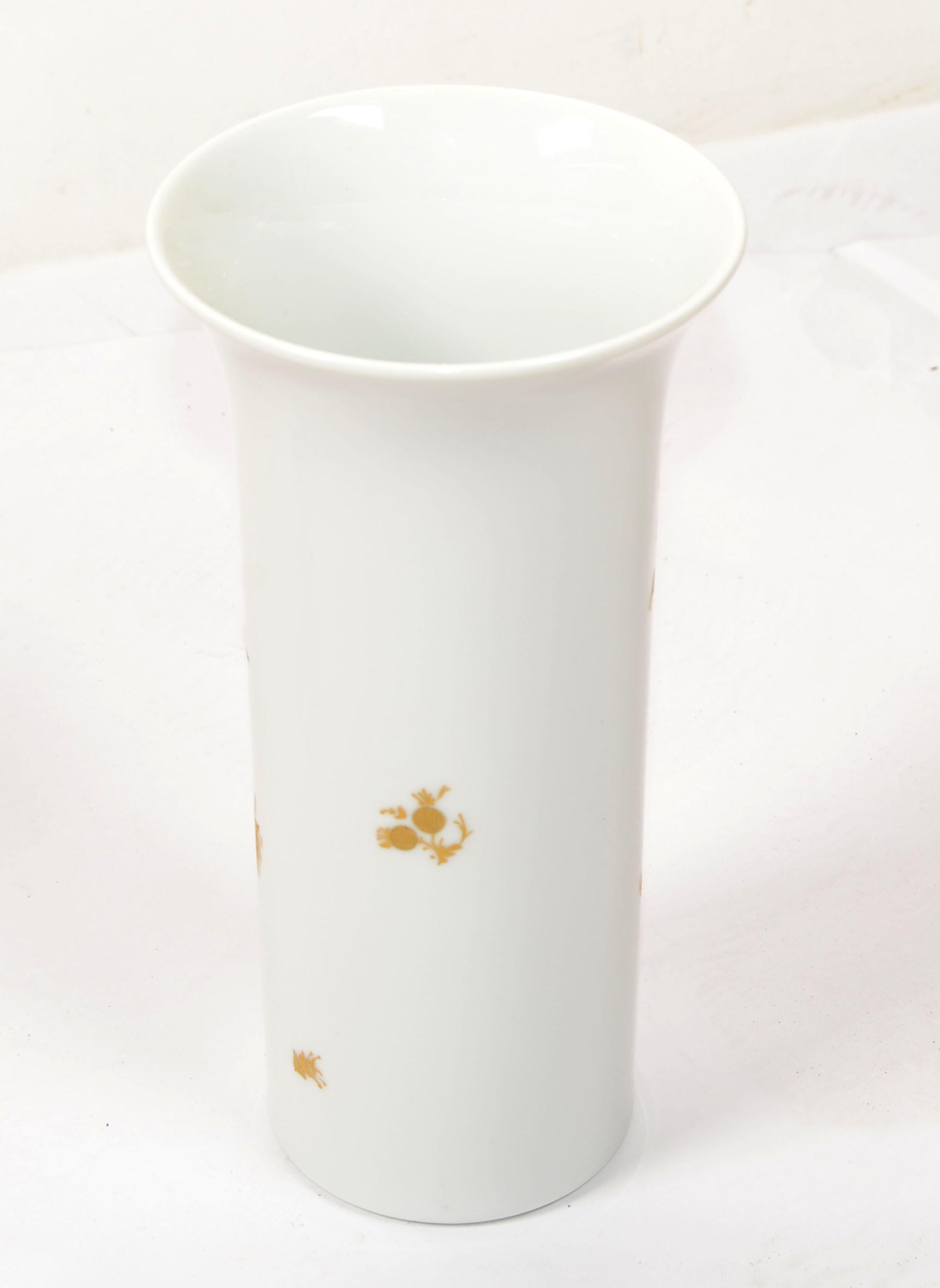 Mid-20th Century Original Rosenthal White Porcelain Flower Vase Hand Painted Gold Leaf Flowers For Sale