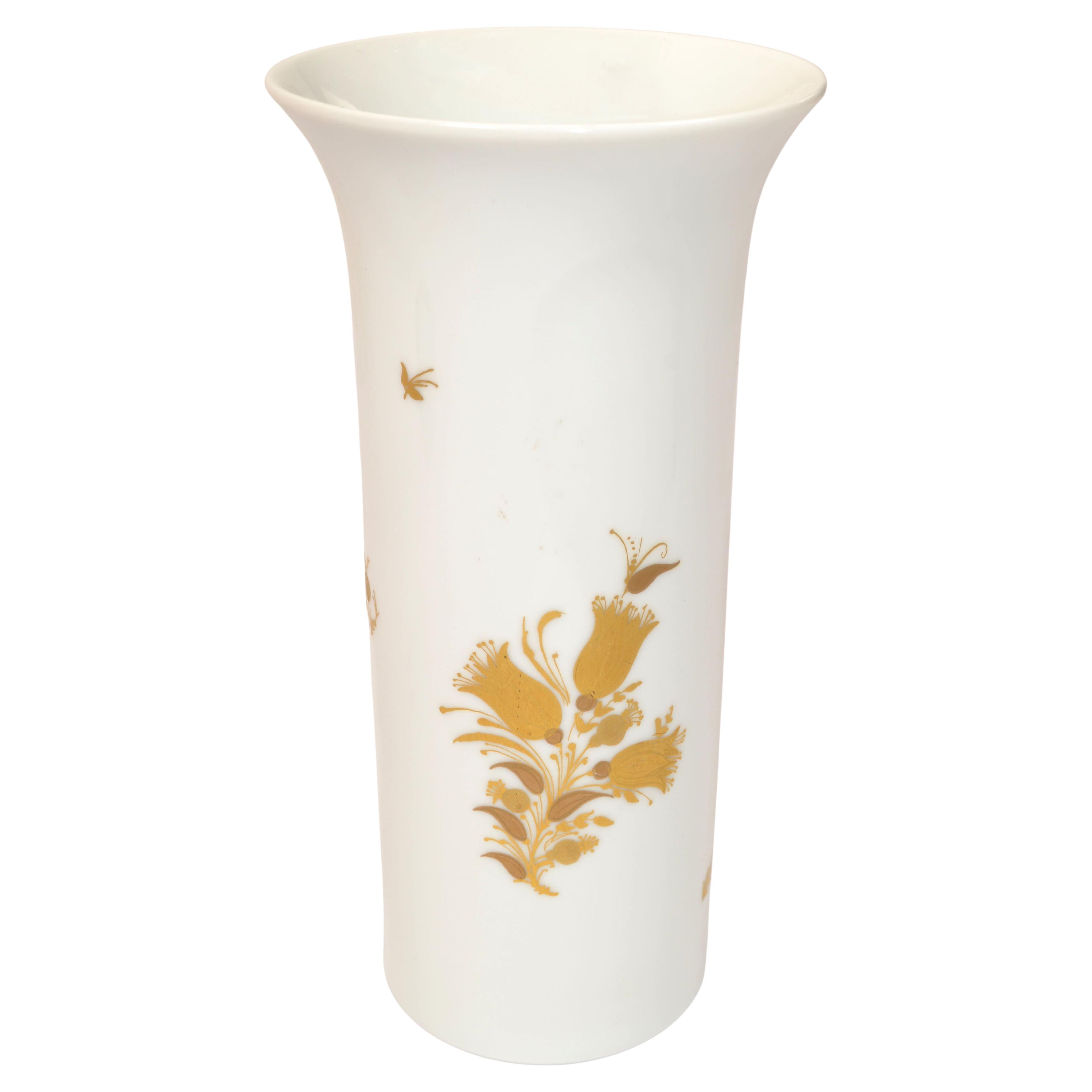 Original Rosenthal White Porcelain Flower Vase Hand Painted Gold Leaf Flowers For Sale