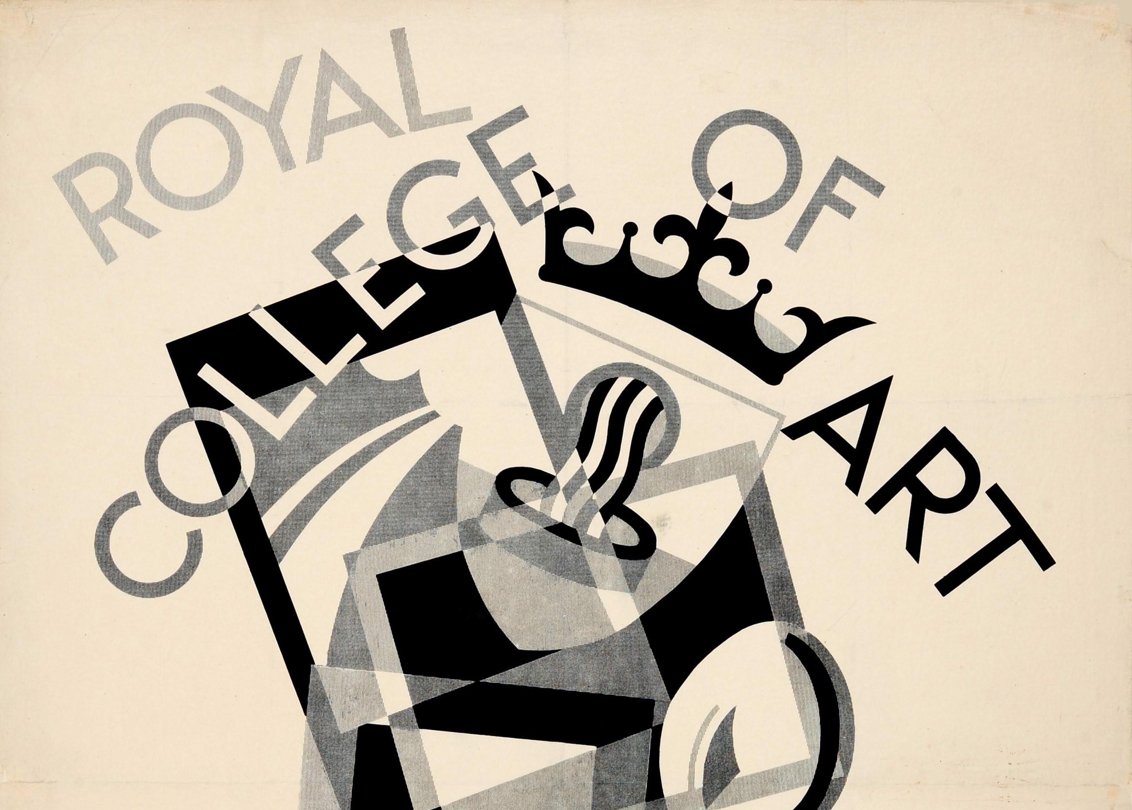 Original vintage advertising poster for the Royal College of Art Sketch Club Exhibition held in the North Court of the Victoria and Albert Museum from October 27th to November 10th 1928. Stylised black and white design featuring a human figure,