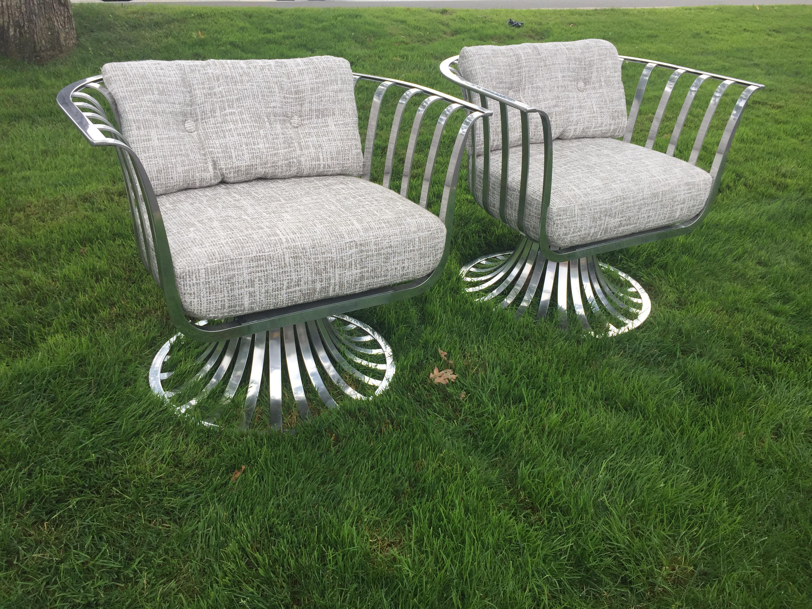 Fabric Original Russell Woodard Polished Aluminum Armchairs, Pair  For Sale