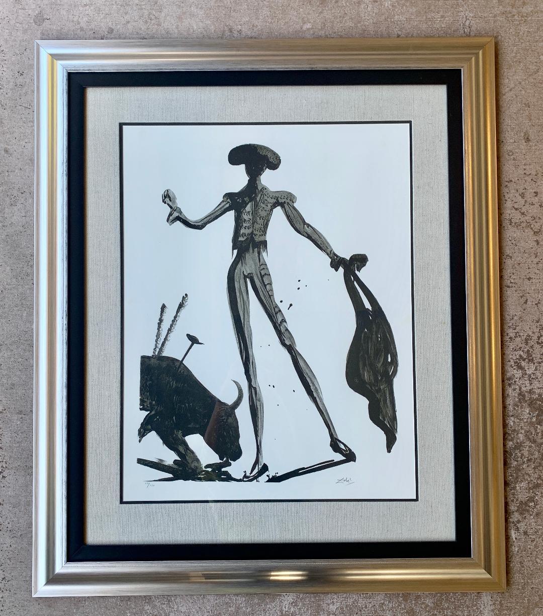 Torero Noir Circa 1969 (or Black Bullfight) is a limited edition of 150 lithographs, hand signed, monochromatic black and gray lithograph on BKF Rives paper of a bullfighter slaying a bull by the world famous, deceased flamboyant Spanish Surrealist